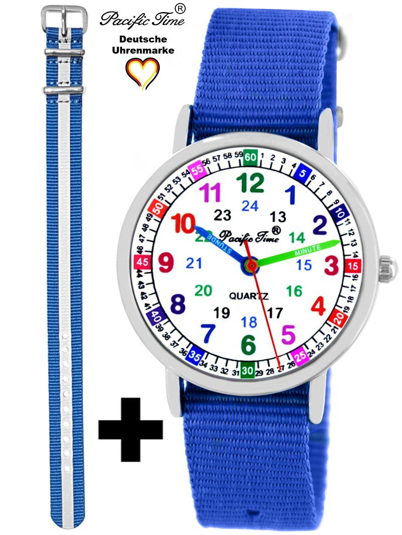 Pacific Time Quarzuhr Set Kinder Armbanduhr Lernuhr Wechselarmband, Mix und Match Design - Gratis Versand royalblau und Reflektor blau