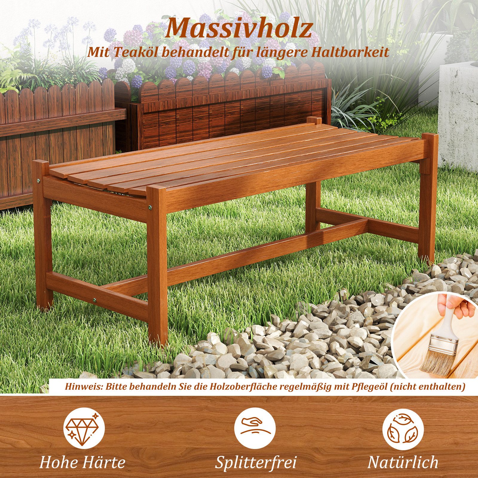 COSTWAY Gartenbank (1-St), Holz Wetterfest Sitzbank ohne Lehne, 2-Sitzer 112cm