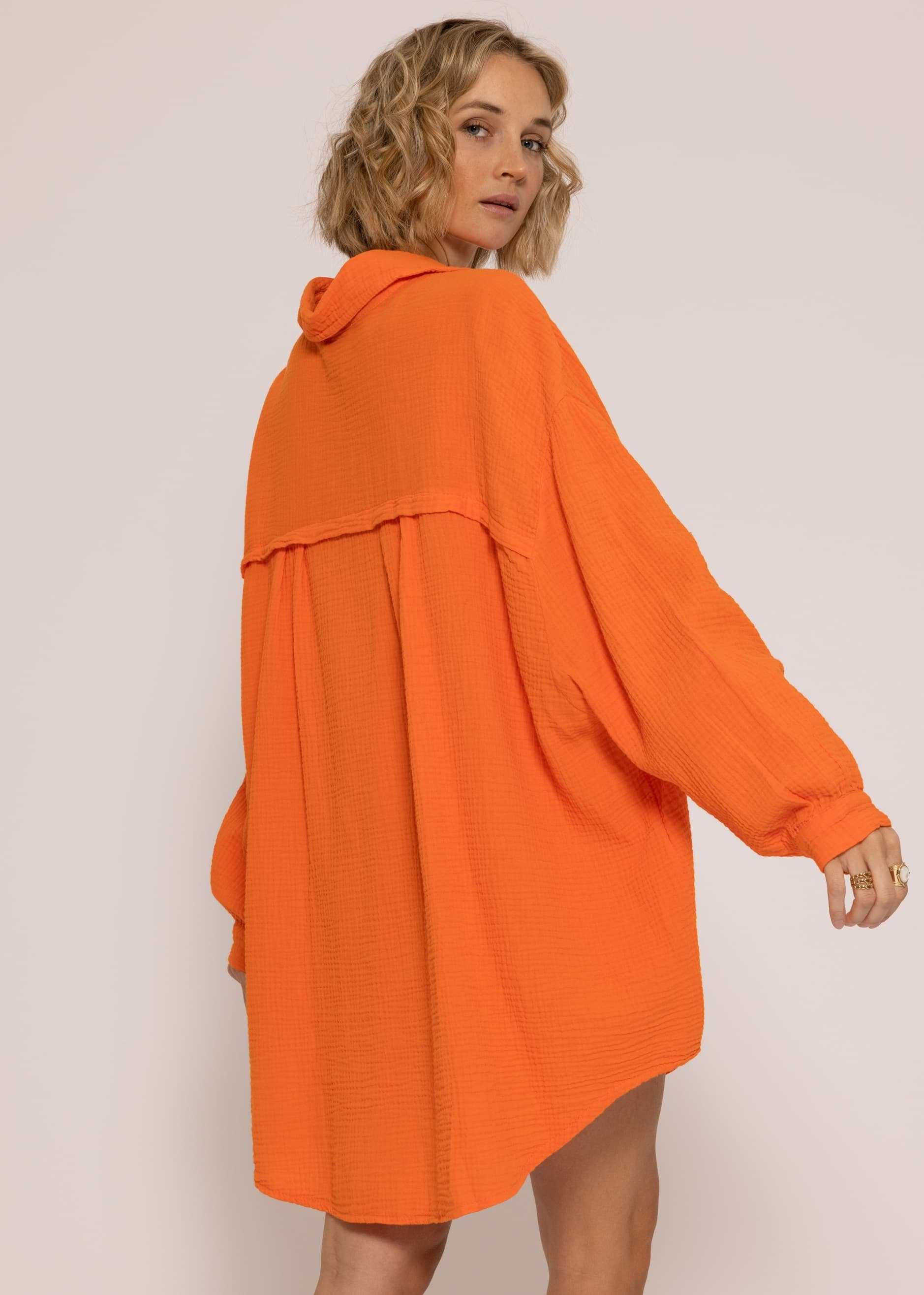 (Gr. Musselin Damen SASSYCLASSY Orange Langarm lang mit 36-48) One Bluse Oversize Hemdbluse V-Ausschnitt, Longbluse Baumwolle aus Size