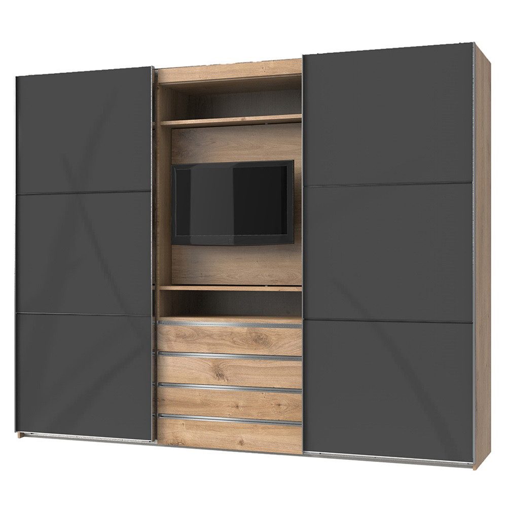 Lomadox Kleiderschrank MIDLAND-43 in Eiche Glasfront grau TV Halterung Schwebetüren 300x236x65 cm
