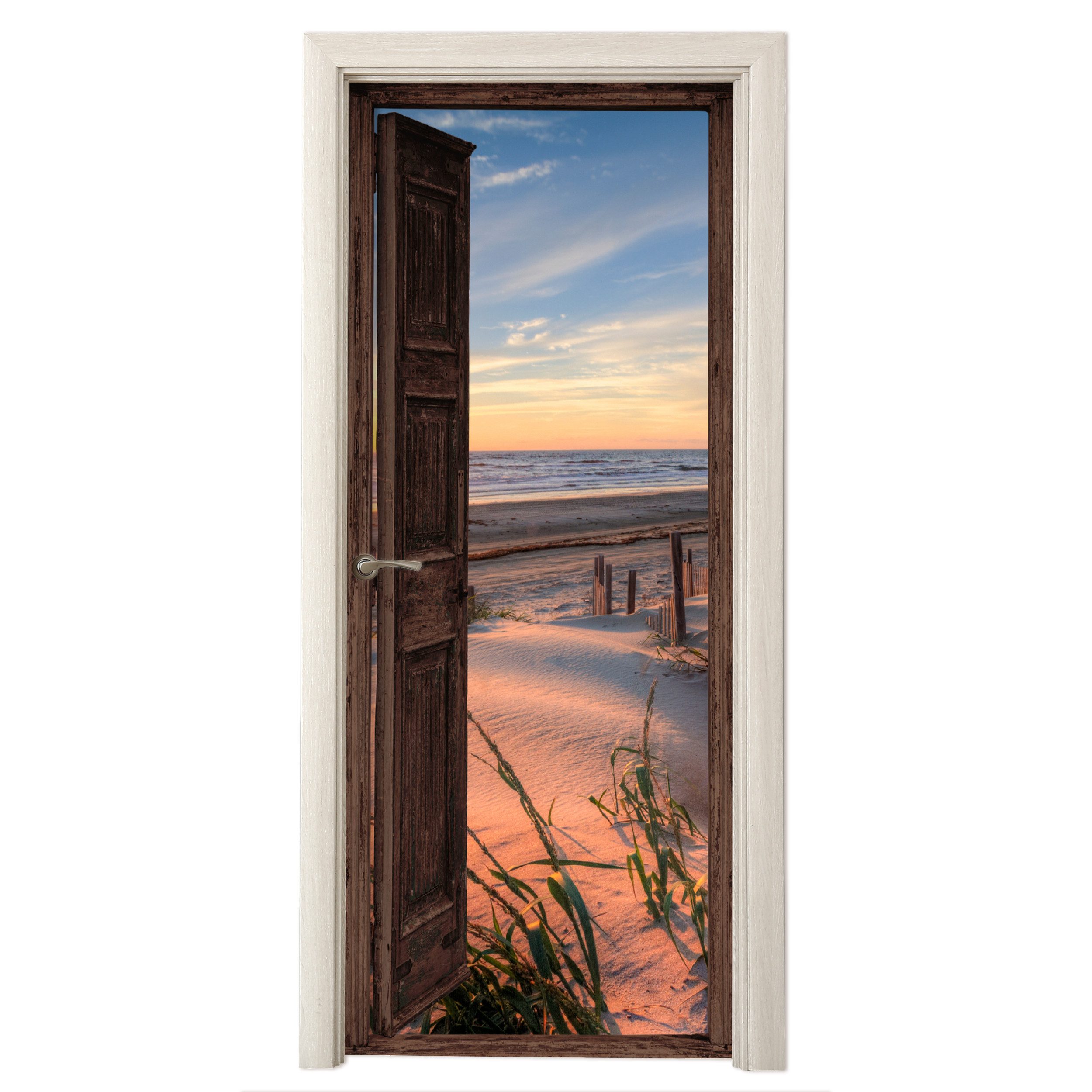 MuchoWow Türtapete Durchblick - Strand - Meer - Natur - Dünen, Matt, bedruckt, (1 St), Selbstklebende Tapete, Folie für Möbel, 70x215 cm