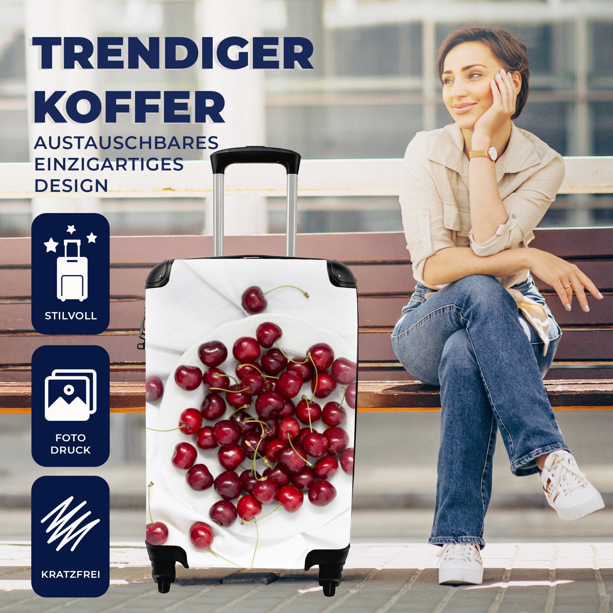 MuchoWow Handgepäckkoffer Kirschen - Obst für Ferien, Reisekoffer mit 4 rollen, Weiß, Handgepäck Reisetasche - Trolley, Rollen