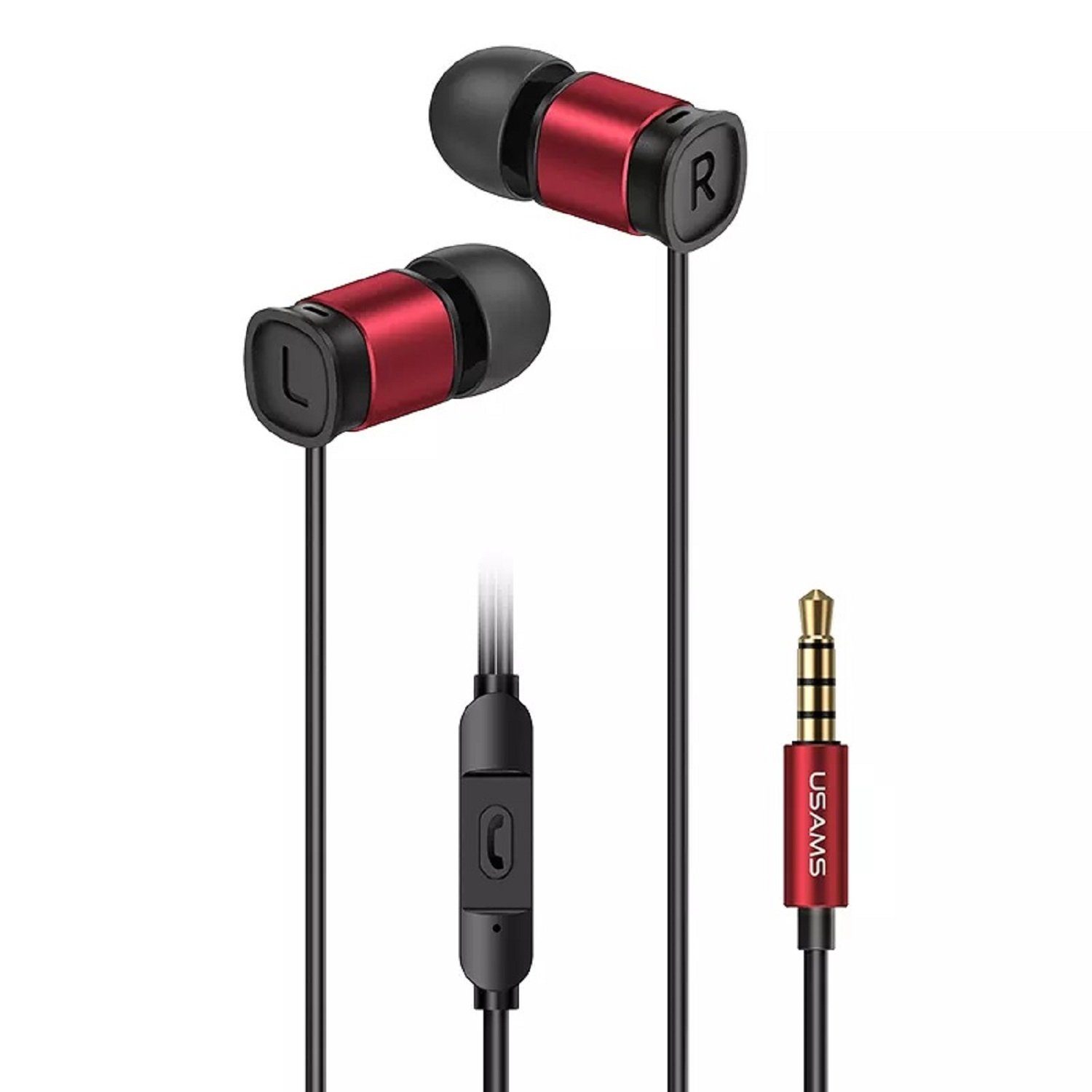 USAMS EP-46 3,5mm, Typ C Kopfhörerstecker Bass HiFi Stereo Ohrhörer On-Ear-Kopfhörer (Kabelgebunden, In-Ear-Kopfhörer, intergrierte Steuerug für Anrufe und Musik, 1,2m, Type 3,5mm, Type-C, Mikrofon) Rot (3,5mm)