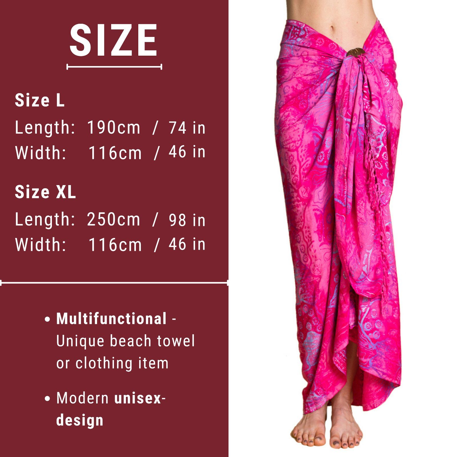 Pareo Strandtuch Wrap den großen Wachsbatik auch Bikini oder, Strandkleid Größen Flamingopink B018 Strand in als für Überwurf Tuch tragbar Sarong Cover-up PANASIAM