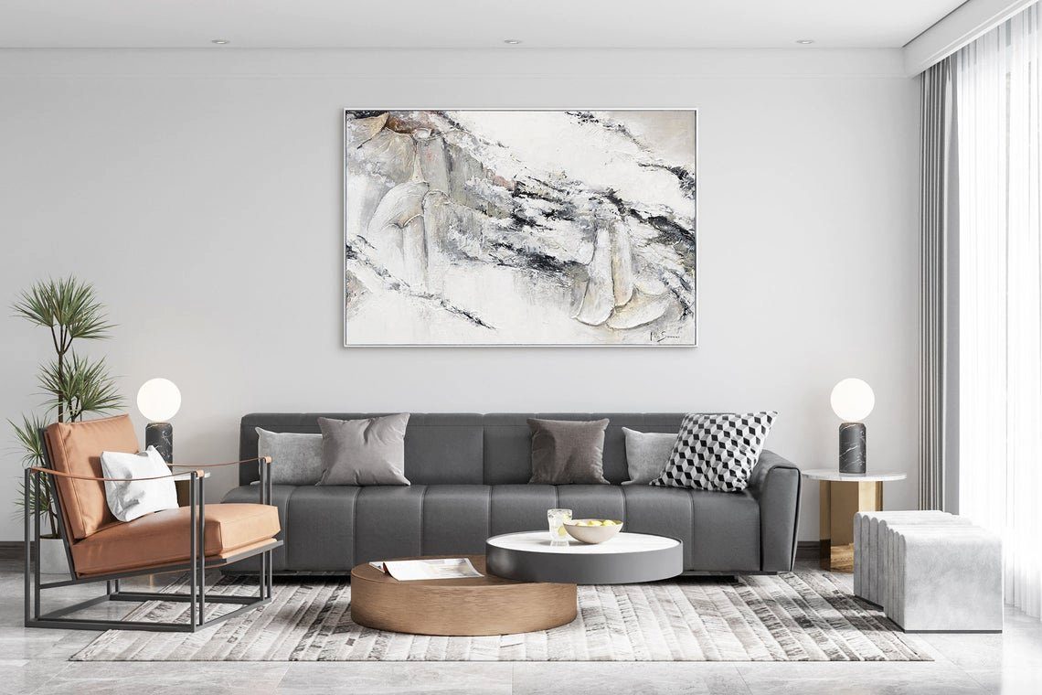 YS-Art Gemälde Weiß Bild Abstraktes Schwarz Rahmen mit Handgemalt Leinwand Renaissance 