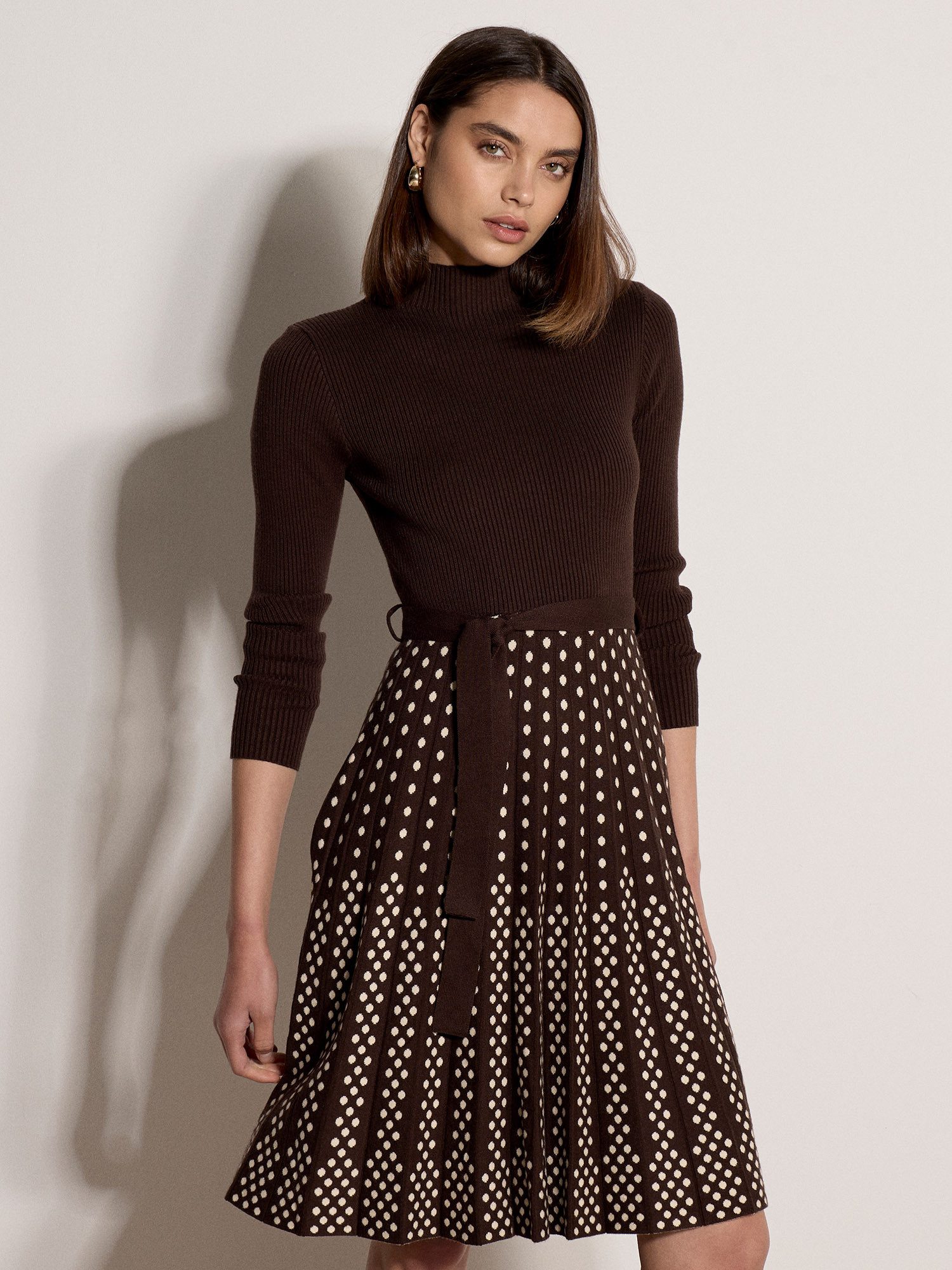 Apricot Midikleid Rippstrickkleid (mit Stoffgürtel) mit Polka-Dots