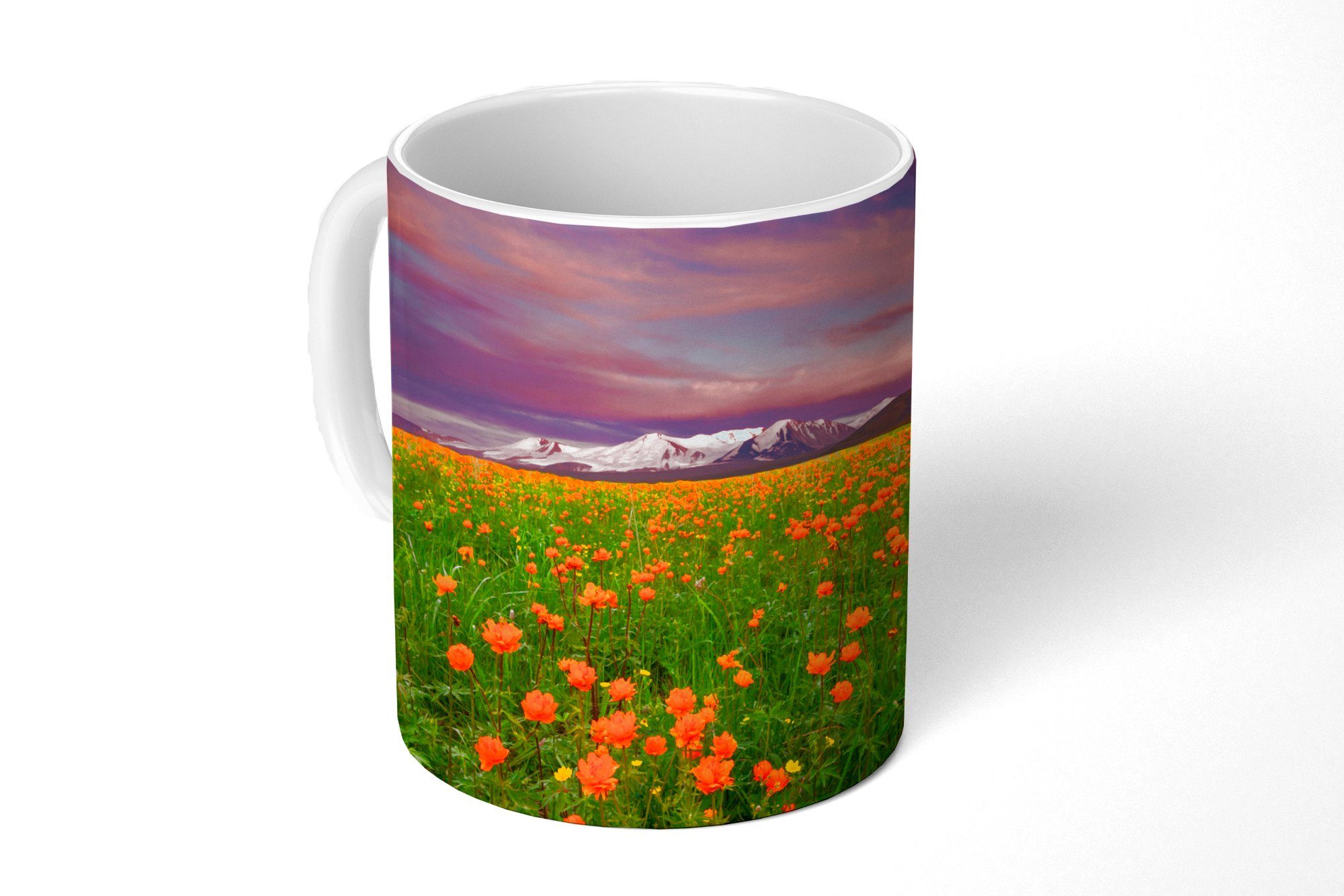MuchoWow Tasse Blumenwiese - Rosa - Berge, Keramik, Kaffeetassen, Teetasse, Becher, Teetasse, Geschenk | Tassen