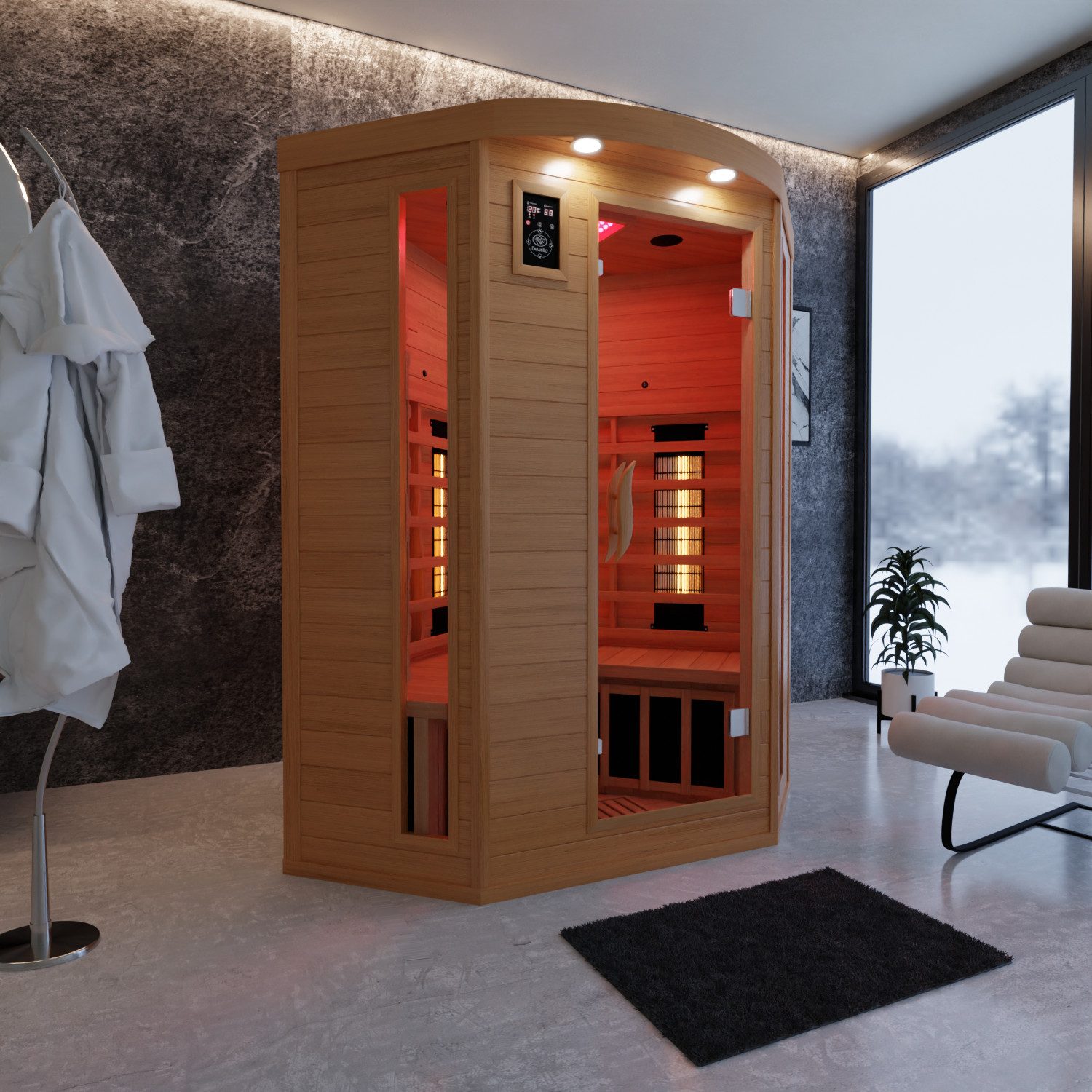 Dewello Infrarotkabine LAKEFIELD 3 120 Wärmekabine, bis zu 2 Personen, 5 Vollspektrumstrahler, BxTxH: 120 x 120 x 190 cm, (Farblichttherapie, Ionisator mit Ozondesinfektion und Aromatherapie, Multimedia und zusätzlich USB-Anschluss & Bluetooth möglich) Sauna aus Hemlock-Tannenholz, leichter Aufbau dank Stecksystem