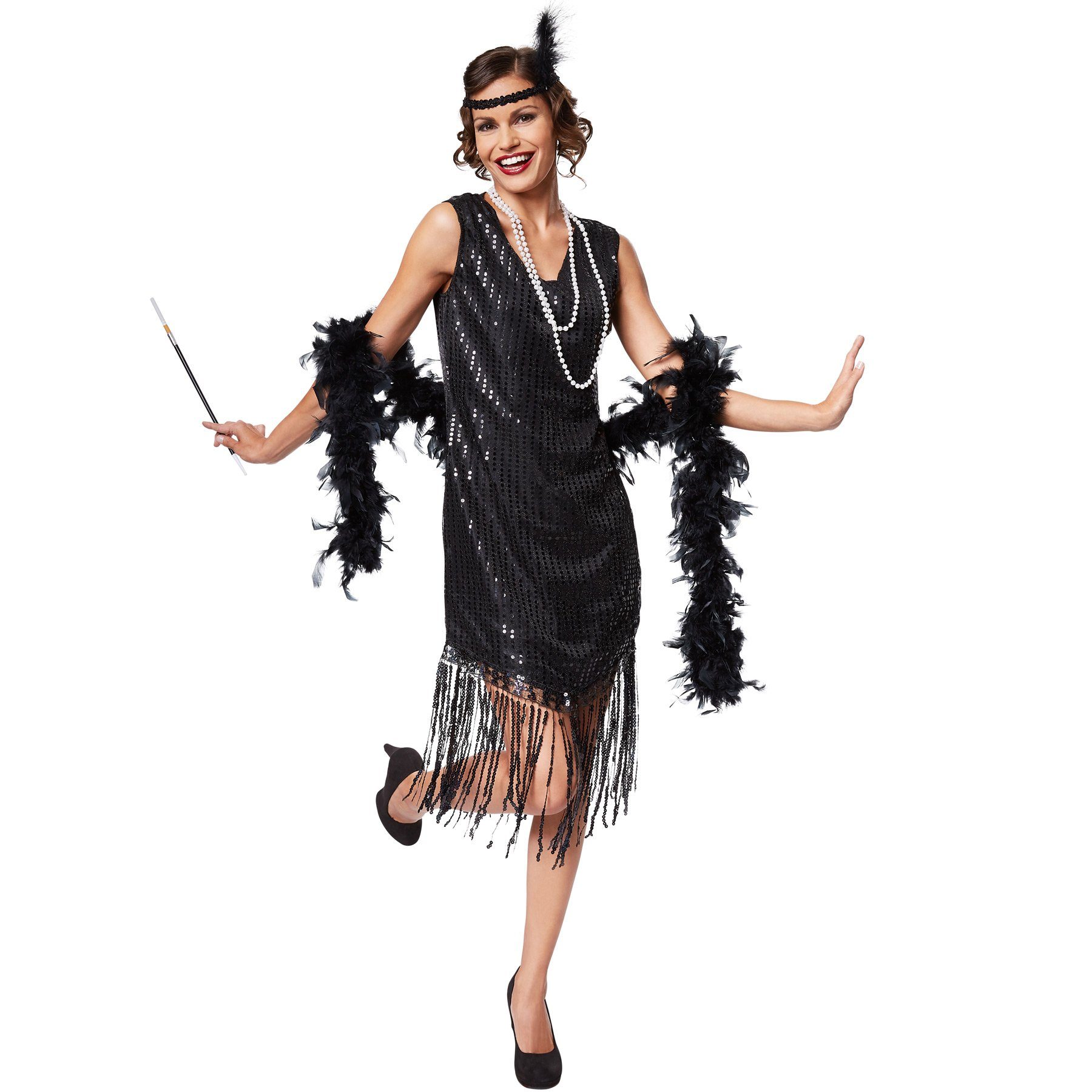dressforfun Kostüm Musikerin/Tänzerin, Gr. XL, Elegantes Kleid, Inkl. Haarband mit, in schwarz, In edlem Schwarz gehaltenes Kostüm, Mit schönen Pailletten