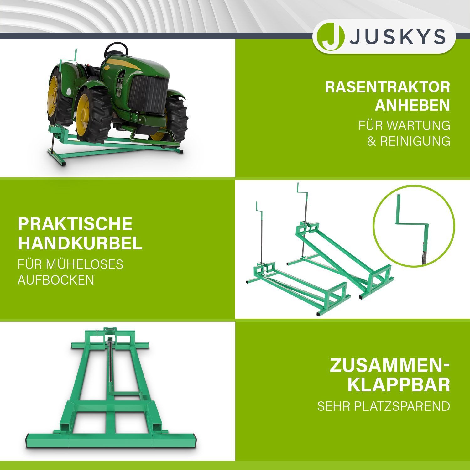 Juskys Rasentraktor, Rasentraktorheber, stufenlos 45°, zusammenklappbar, 400 kg
