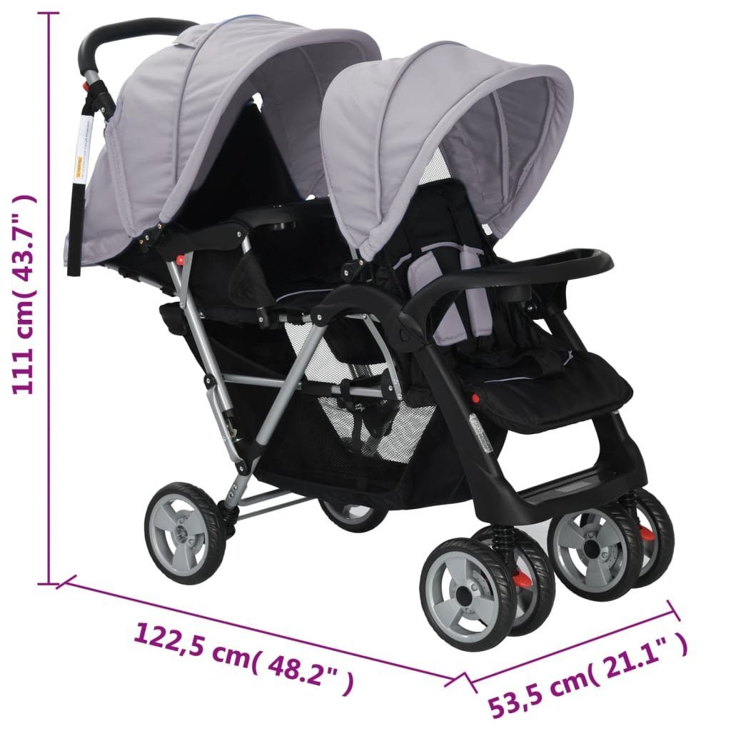 vidaXL Kinder-Buggy | Tandem-Kinderwagen Grau Grau Schwarz Grau Stahl und
