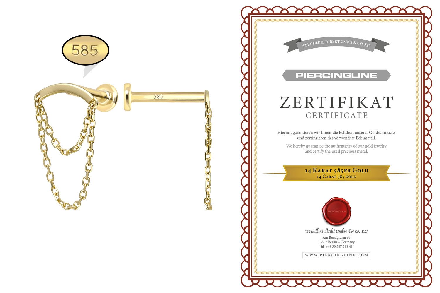PIERCINGLINE Piercing-Set 14 Karat Gold Labret mit Innengewinde BOGEN + 2 KETTEN (Labrets, 1-tlg)