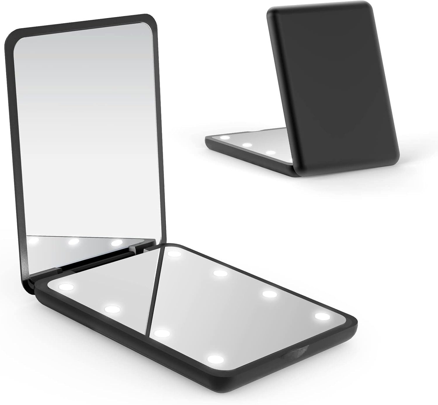 Tekoo Kosmetikspiegel LED Taschenspiegel Make-up Spiegel 2-fach Vergrößerung Kompakt Schwarz (Packung), Magnetverschluss, ultra-flaches Design, physischer Ein-/Ausschalter