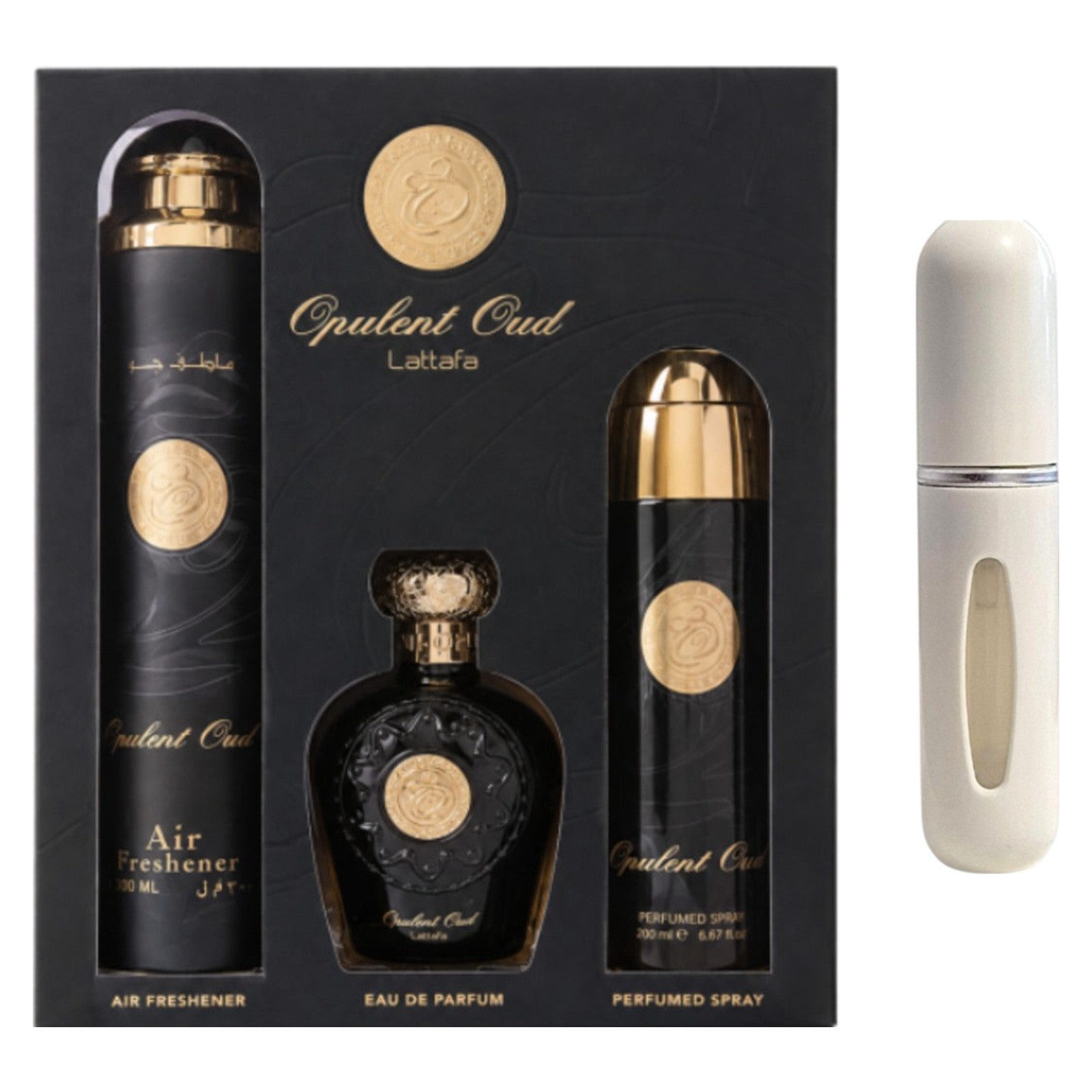 Lattafa Duft-Set Opulent Oud Geschenkset EDP – Orientalisch + Parfümzerstäuber (leer)