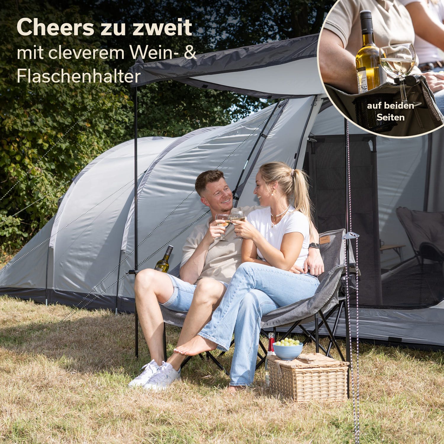 Skandika Campingstuhl Doppel XL Campingstuhl Hygge - für 2 Personen, faltbar ohne Werkzeug (gepolstert, 300 kg belastbar, mit Tragetasche, Gewicht 6,2 kg), Größe 138×49×90cm, Spezialgestell mit zusätzlichen senkrechten Streben