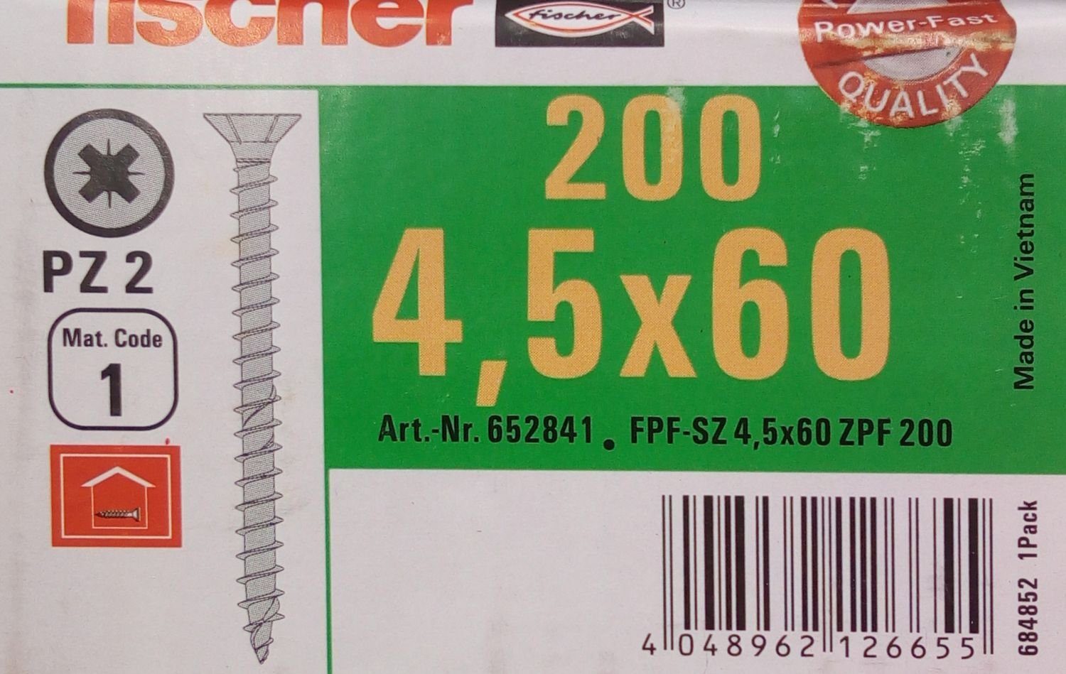 verzinkt Fischer 4,5x60 St) Spanplattenschrauben Schraube PZ2 Vo, Holzschrauben 200x (200 Befestigungstechnik fischer