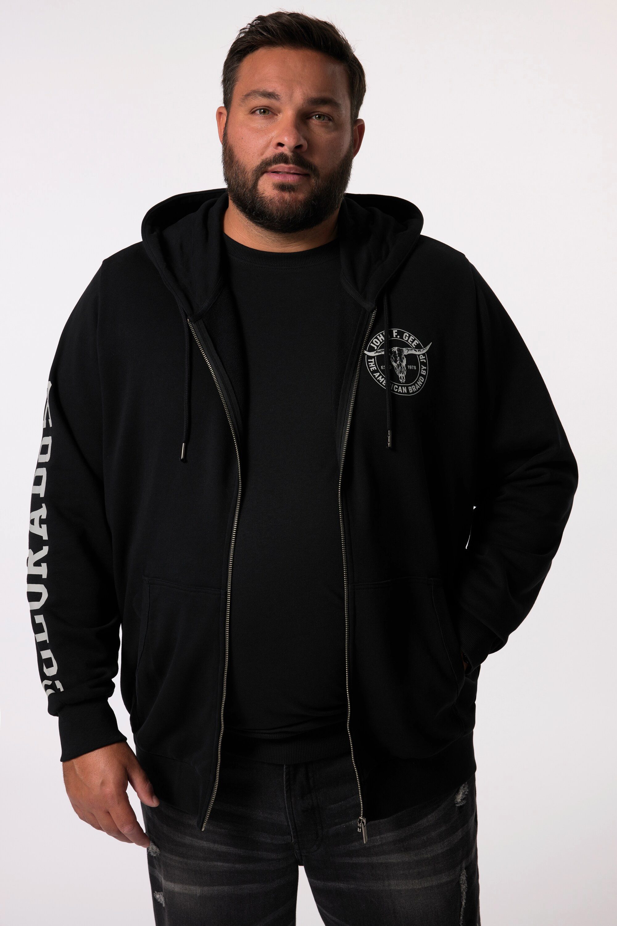 John F. Gee Fleecejacke John F. Gee Hoodiejacke Ärmelprint Kängurutasche