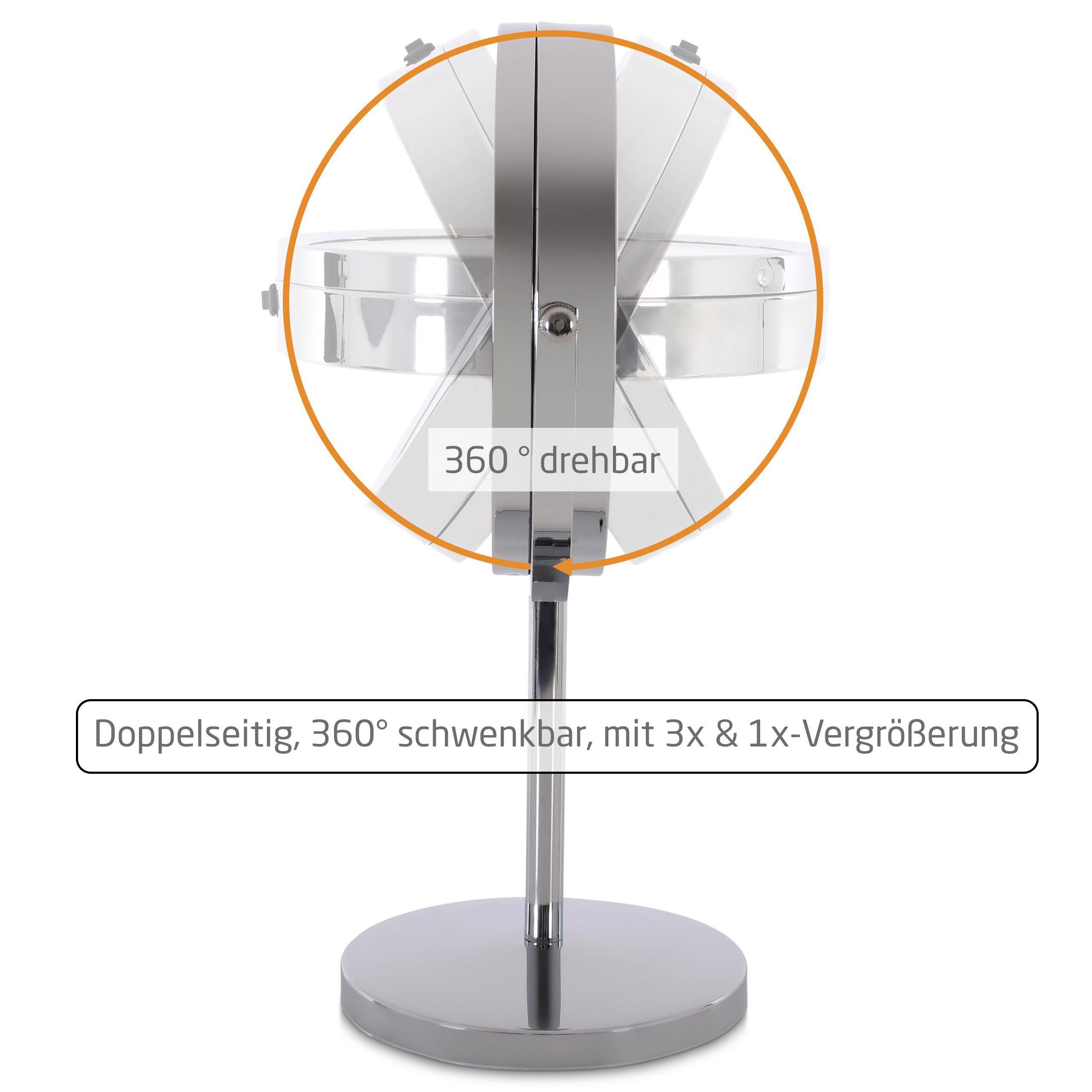 Raburg Kosmetikspiegel 3x/1x Vergrößerung doppelseitig 360° schwenkbar Chrom (18 cm Ø oder 17 cm Ø, doppelseitig, 360), 32 cm, Gesichts- & Bartpflege, Schminken/Make-up, Augenbrauen zupfen