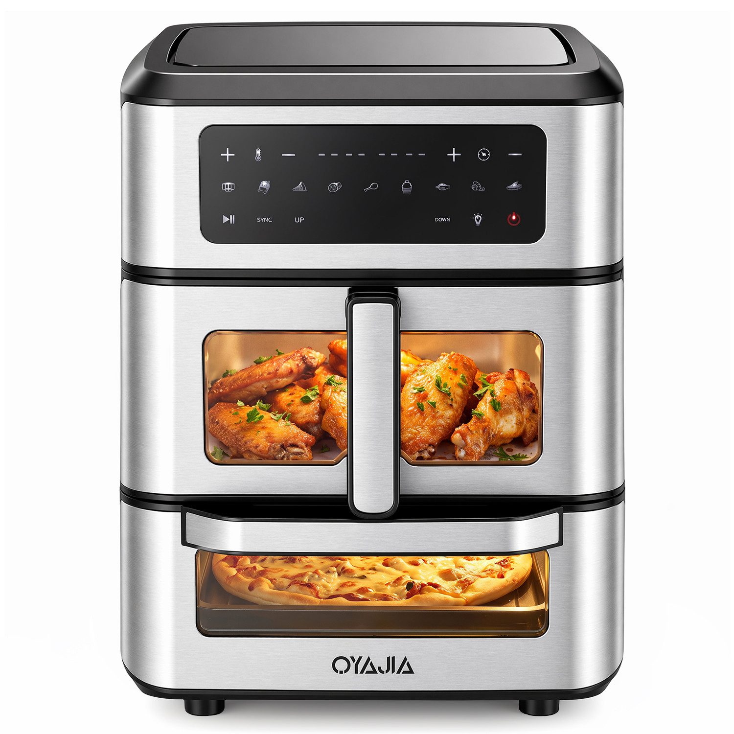Heißluftfritteuse 2 Kammern Airfryer mit Pizzaprogramme, 9 voreingestellte Programme,Touchdisplay, Sichtfenster, Unabhängige Temperaturregelung