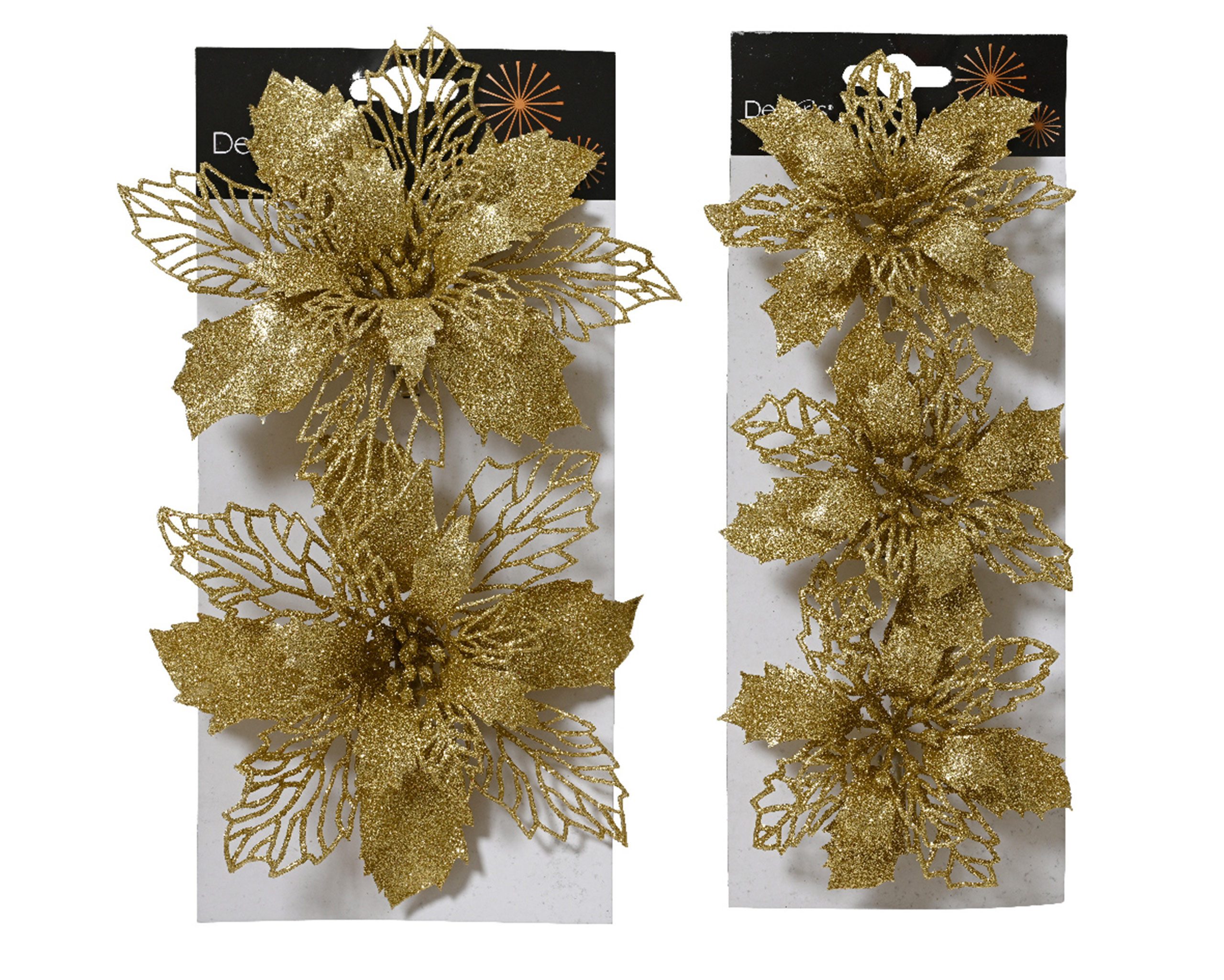 Kaemingk Christbaumschmuck, Weihnachtsstern Blüten künstlich 11 & 16cm mit Clip 5er Set Gold