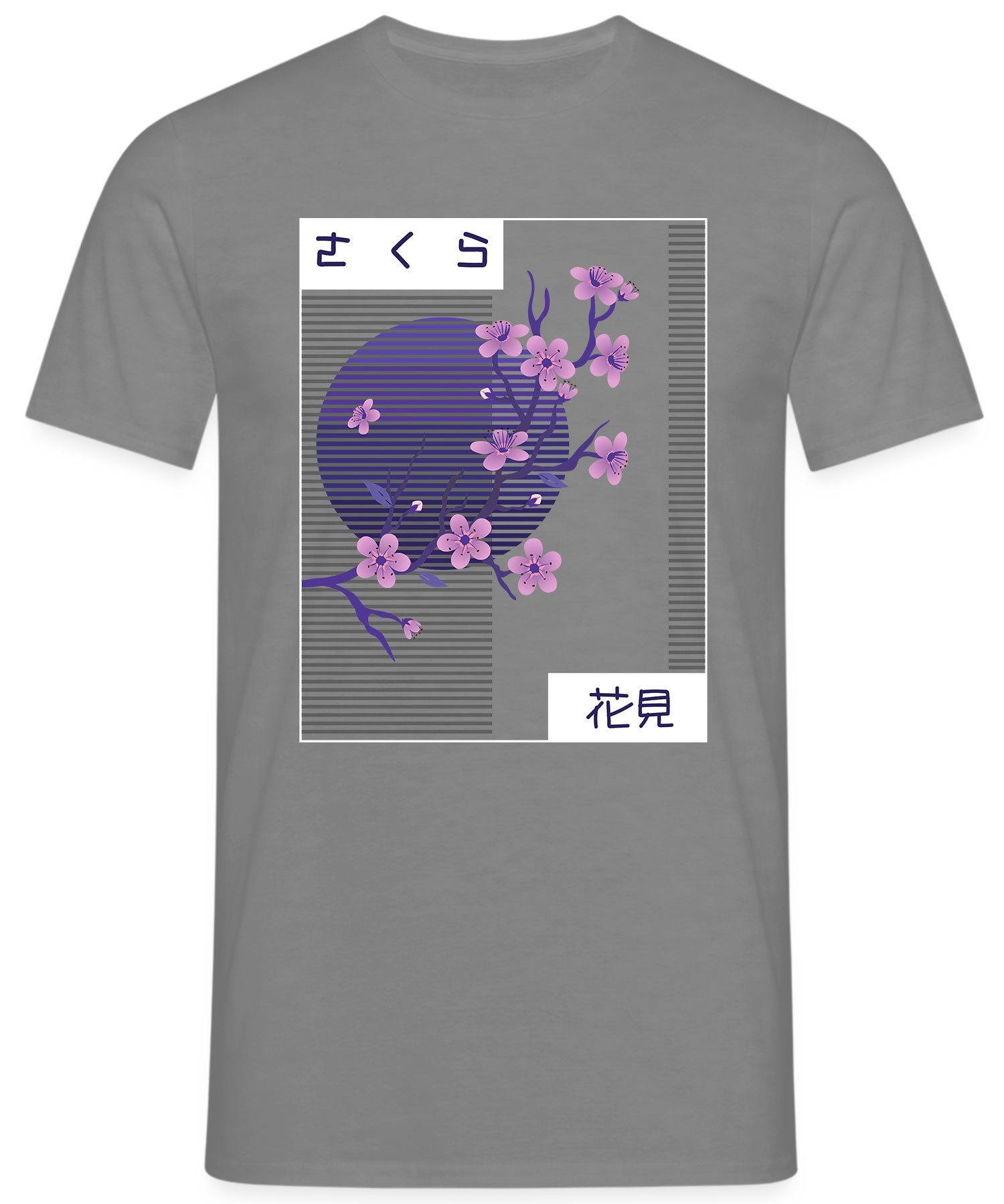 Cherry (1-tlg) Formatee Ästhetik Herren Blossom Quattro T-Shirt Japanese Kurzarmshirt Grau - Aesthetic Vaporwave Heather