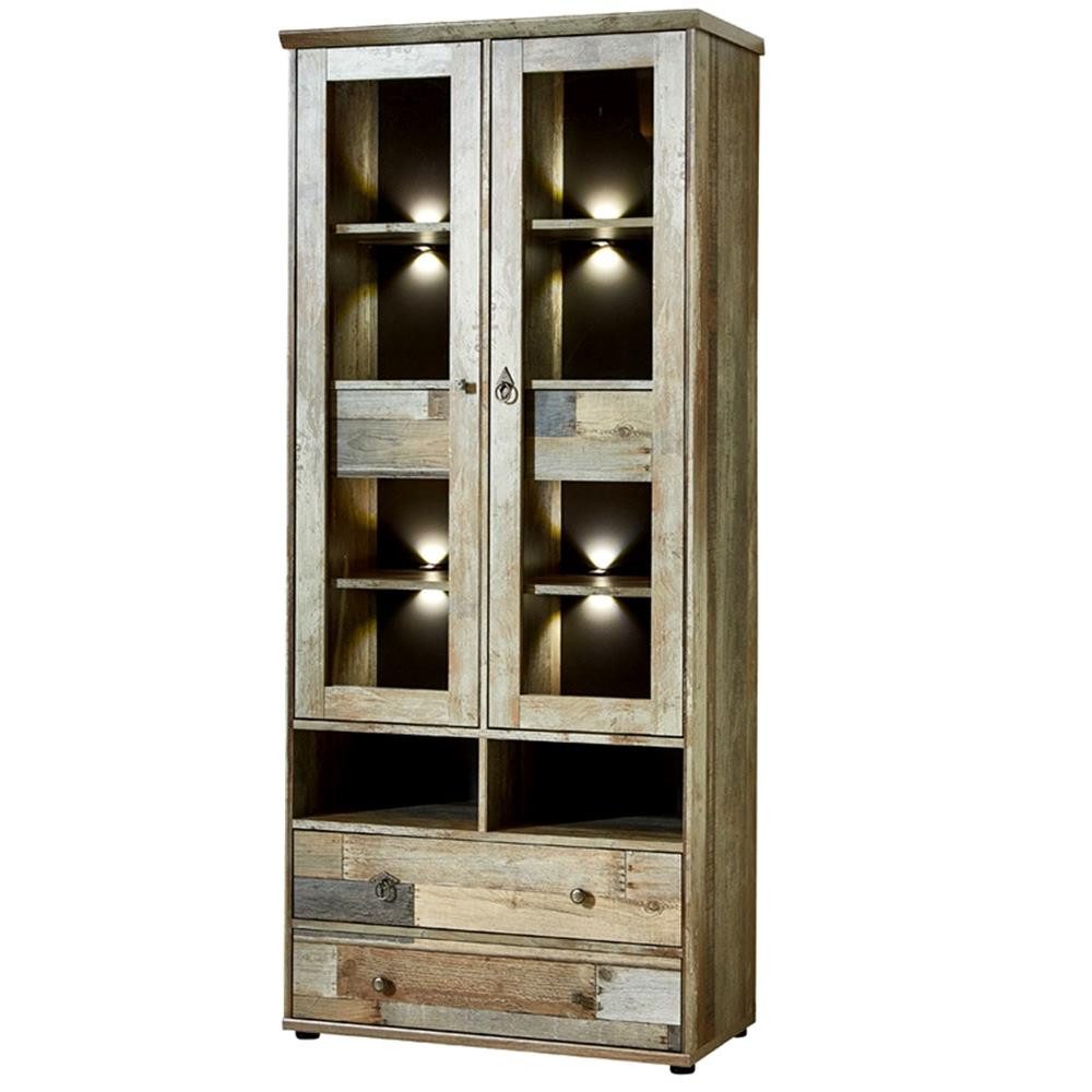 Lomadox Vitrine BRANSON-36 inkl. LED-Beleuchtung Vintage Driftwood Braun B/H/T ca. 83/188/39 cm