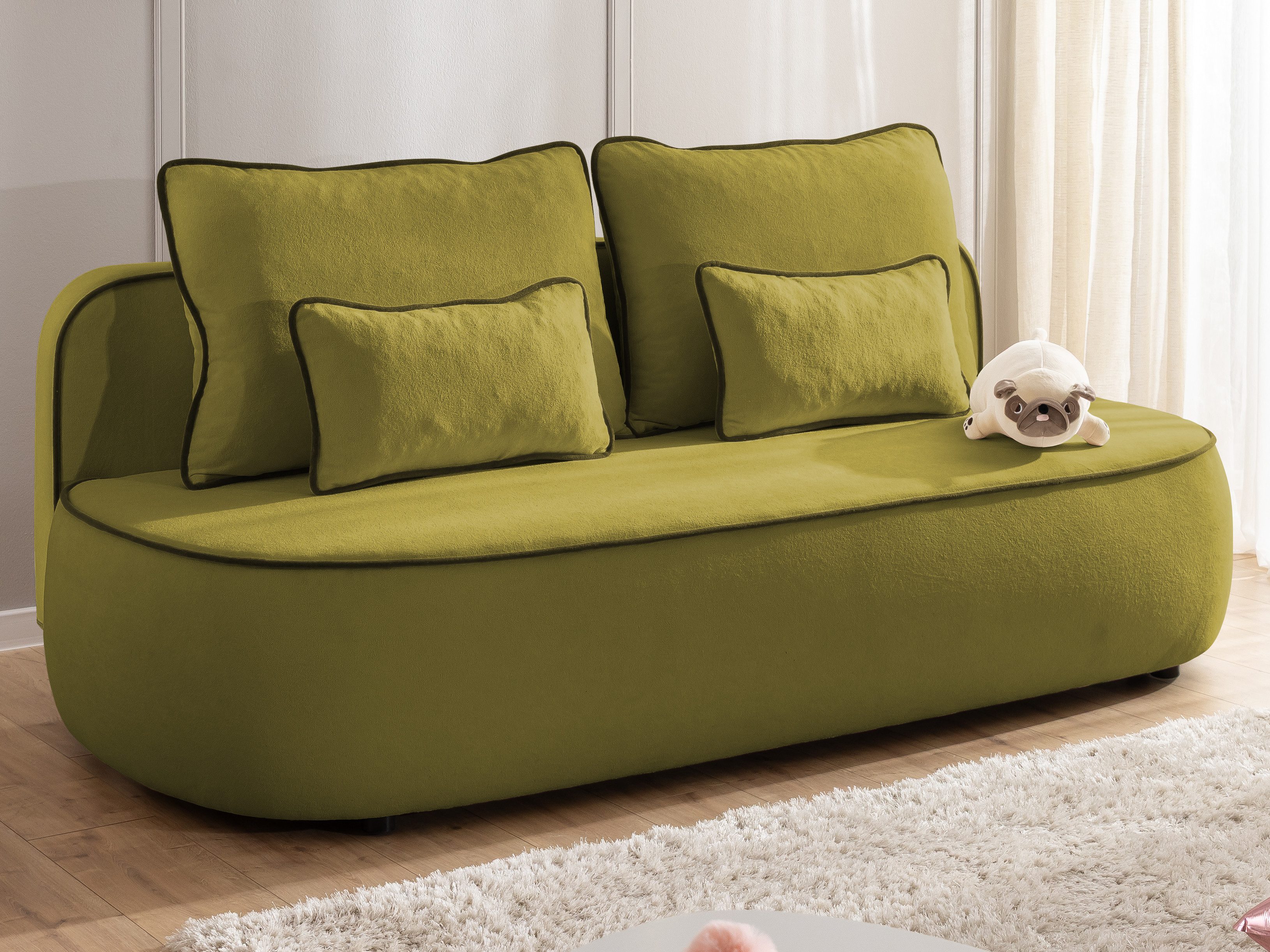 S-Style Möbel Kindersofa Vero mit Schlaffunktion, Bettkasten und Kontrastpaspel aus Plüschstoff, im modernen und abgerundeten Design