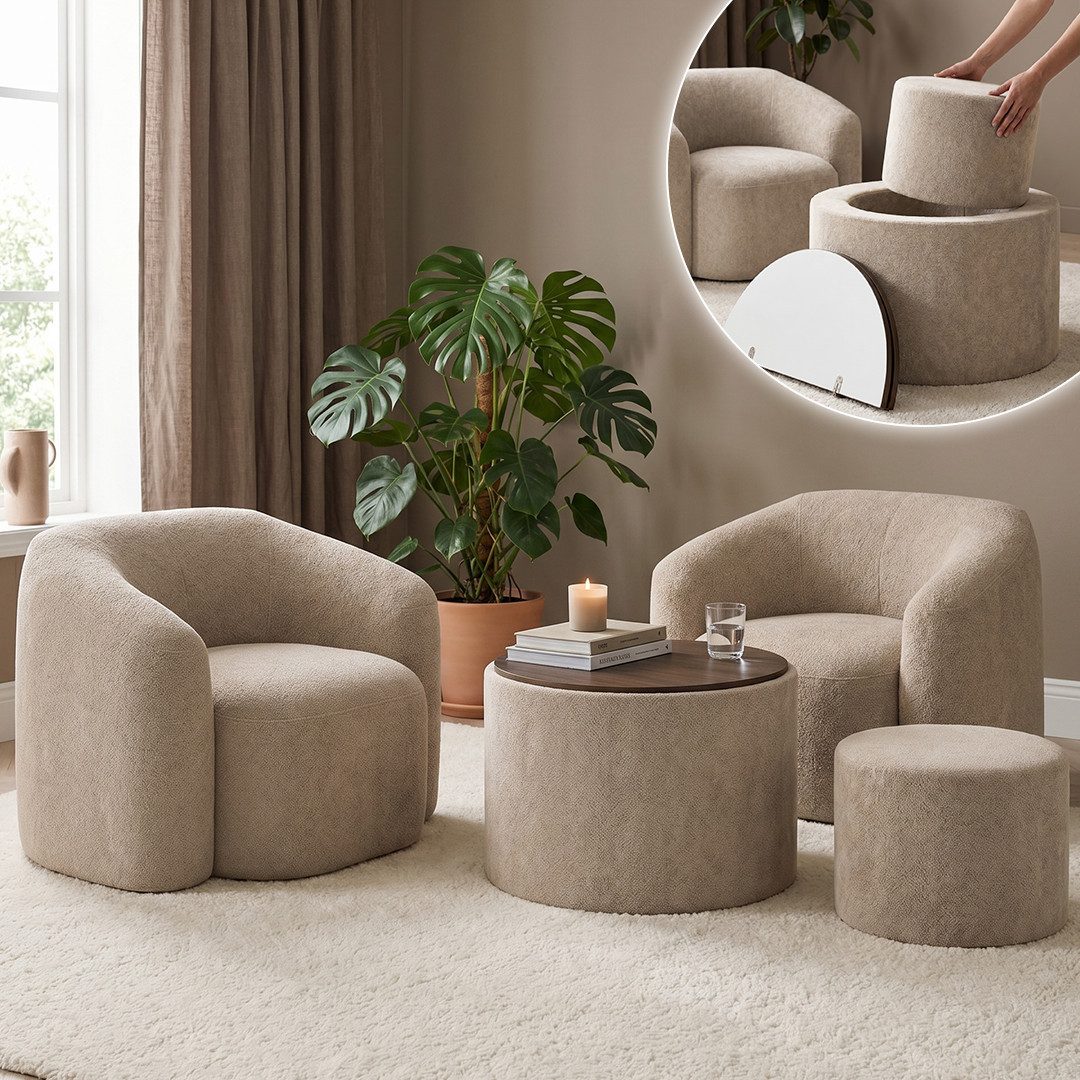 skølm Relaxsessel Gjöll aus Teddy-Bouclé mit Armlehnen (beige, Set aus 2 Sesseln, Tisch mit Holzplatte & Hocker), vakuumverpackt, …