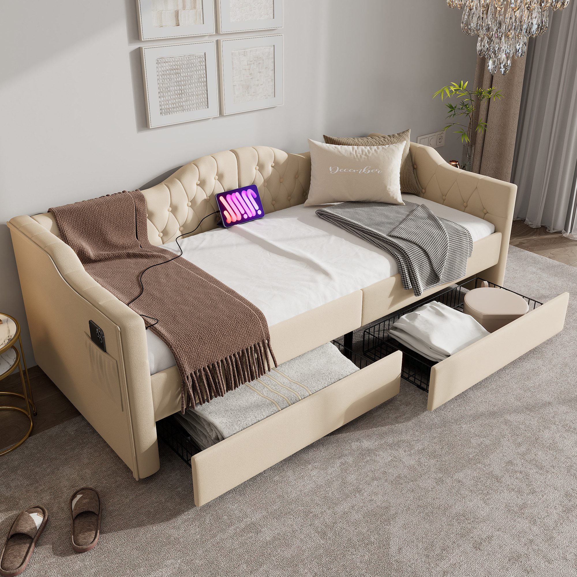 MODFU Daybett Tagesbett Schlafsofa (90x190cm), mit USB Type C Ladefunktion und 2 Schubladen