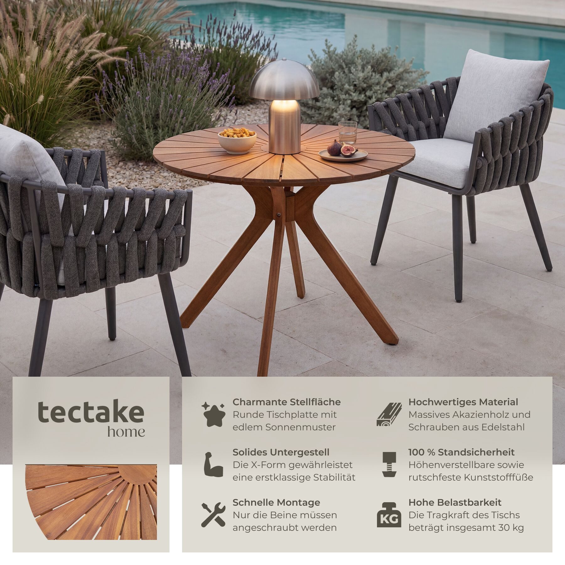 tectake Gartentisch runder outdoor Esstisch aus massivem Akazienholz, 70 x 70 x 62 cm (Terrassentisch Pollensa, 1-St., in braun), Tischplatte mit Sonnenmuster, höhenverstellbare Füße, wetterfest
