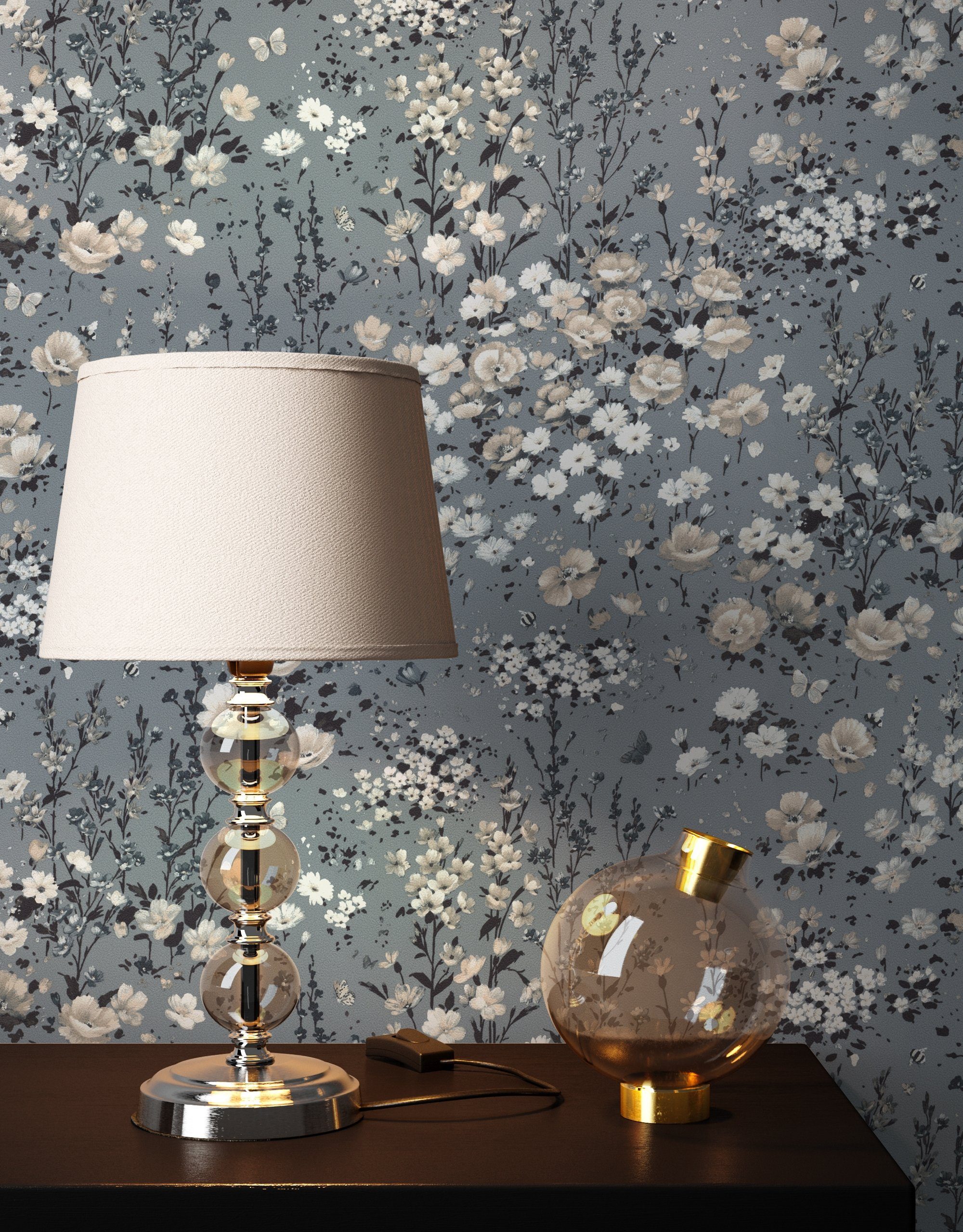 Newroom Vliestapete, Grau Tapete Landhaus Blumen - Blumentapete Beige Anthr günstig online kaufen