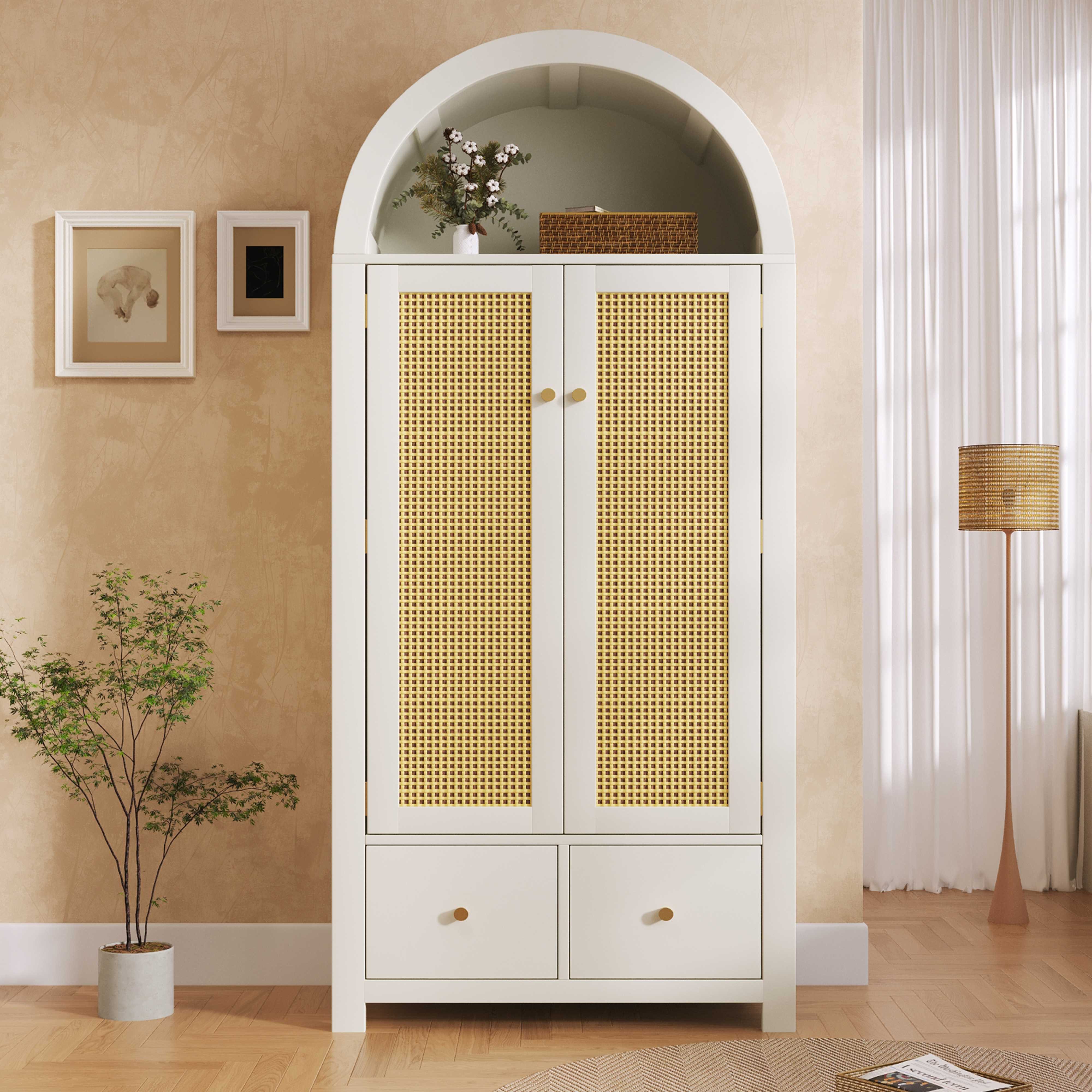 BlingBin Kleiderschrank Garderobenschrank Aufbewahrungsschrank Schlafzimmerschrank (1-St., Kleiderschrank in Walnuss mit Rattan & Bogenform) mit Kleiderstange, 2 Schubladen, 181 cm hoch, MDF & Metall