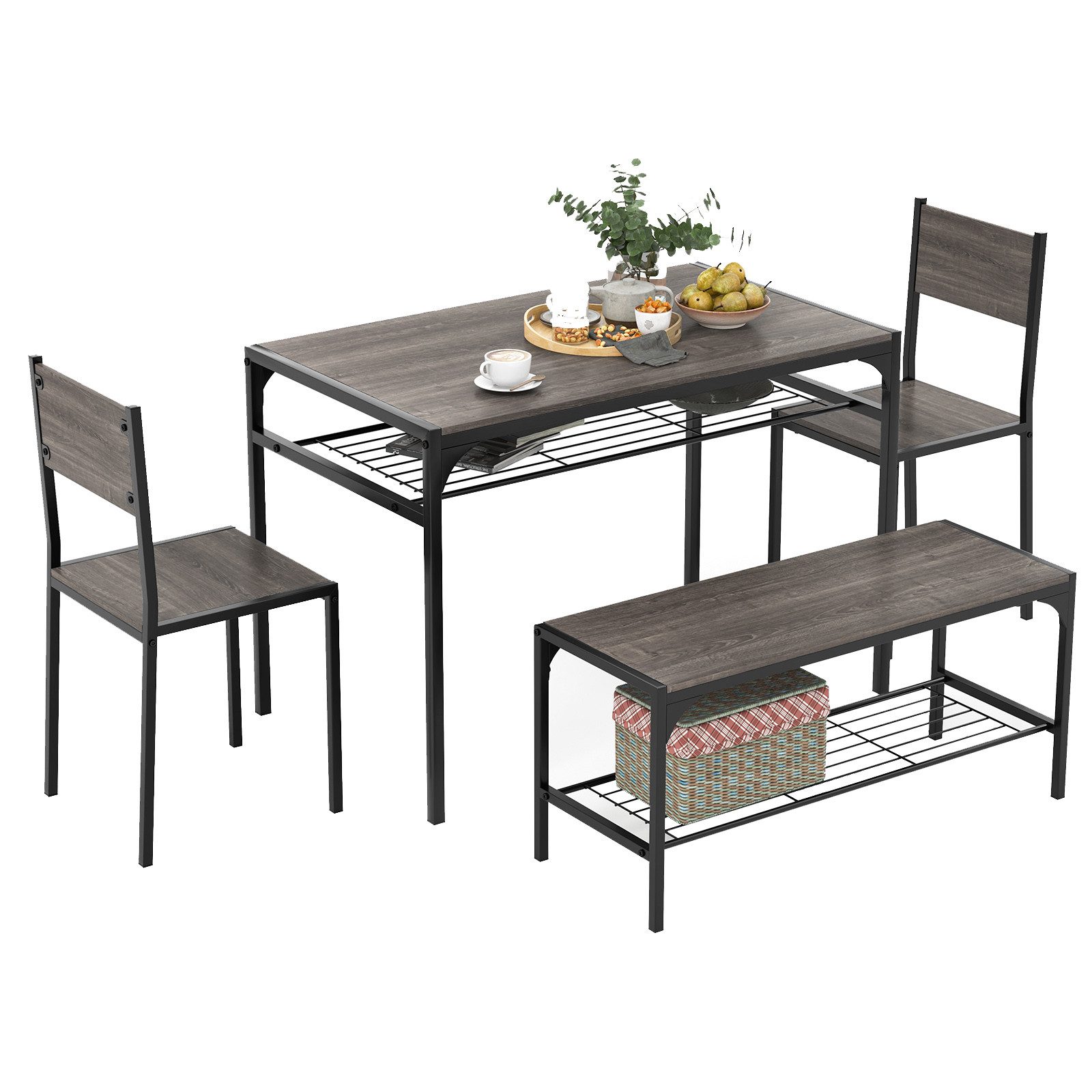 COSTWAY Essgruppe, (4-tlg), Küchentisch mit 2 Стульяn, 1 Bank & Regal