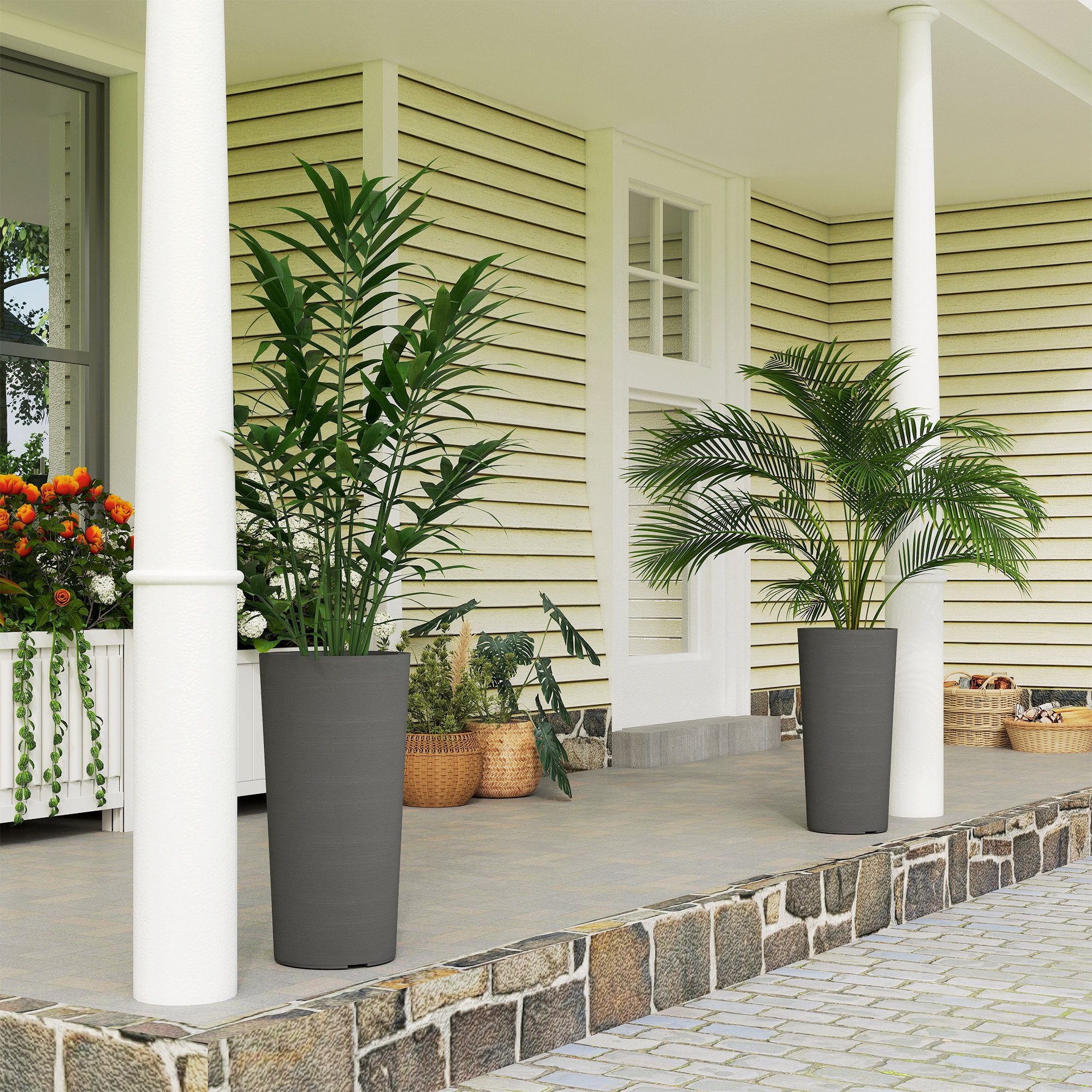 Outsunny Blumentopf 2er Set stapelbar Pflanztopf mit Löcher 35x35 cm Rund Kunststoff (Pflanzkübel, 2 St., Pflanztöpfe), für Garten Balkon Dunkelgrau