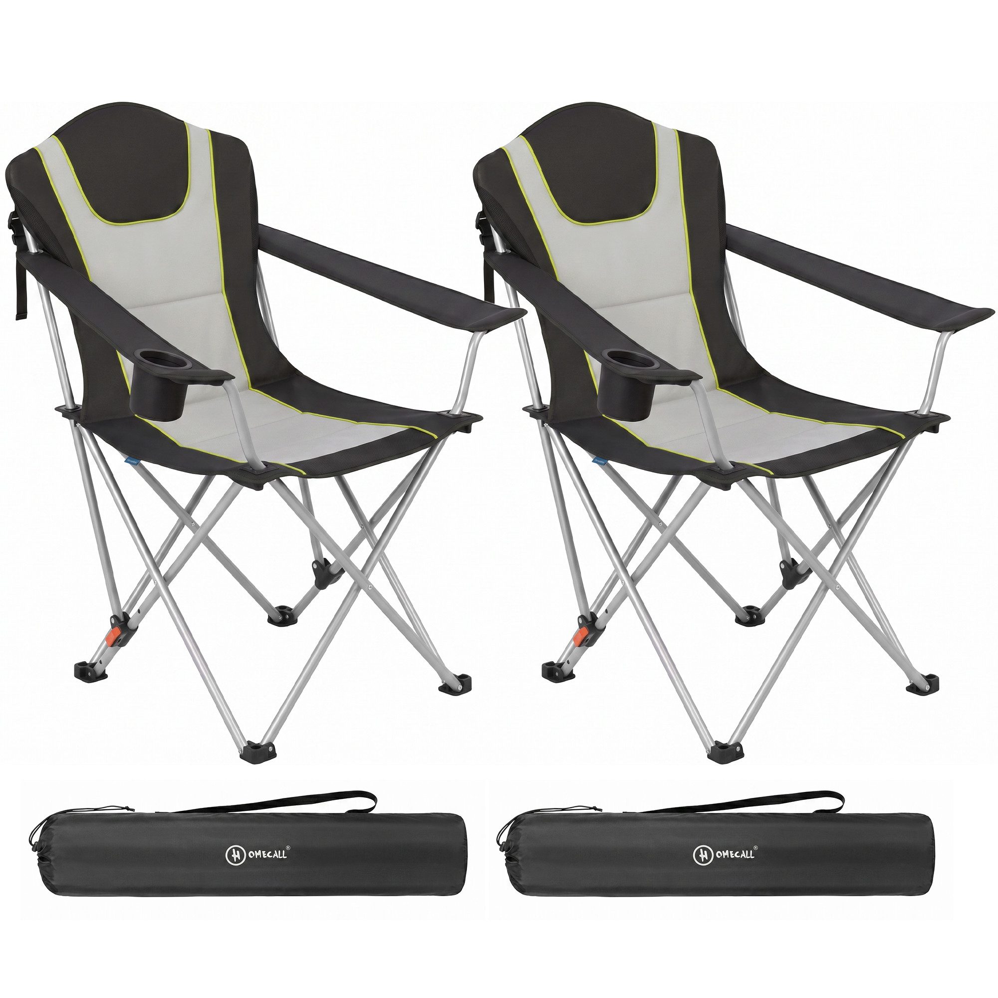 HOMECALL Campingstuhl Angelstuhl faltbar Klappstuhl mit hoher Rückenlehne (Getränkehalter, Gepolstert, bis 150KG, 2 St), 3 fach Verstellbare Rückenlehne