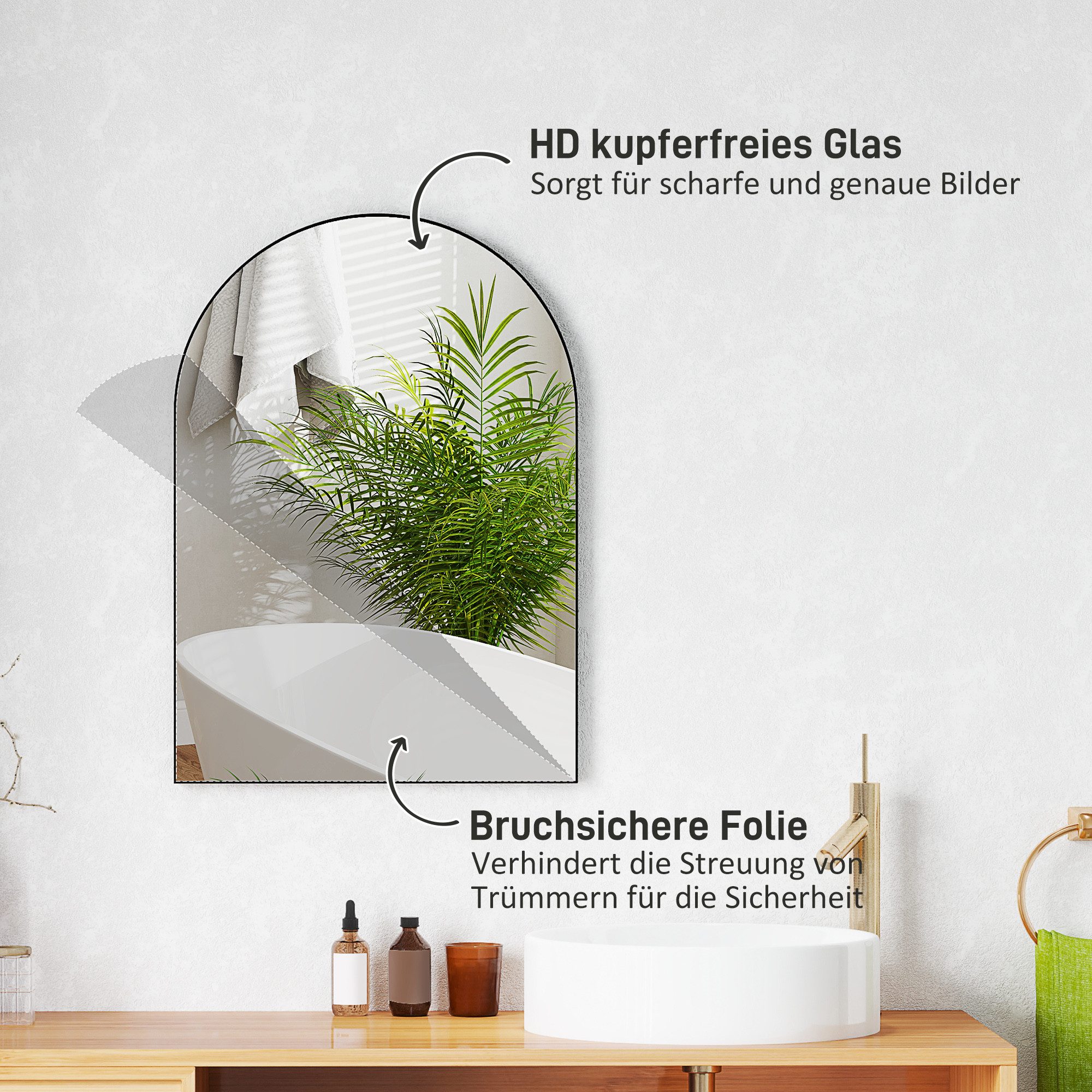 HOMCOM Badspiegel Bogen Wandspiegel mit Splitterschutzfolie mit Aluminium-Rahmen (Spiegel, 1-St., Badezimmerspiegel), für Badezimmer, Schlafzimmer, Schwarz – Bild 5 von 5