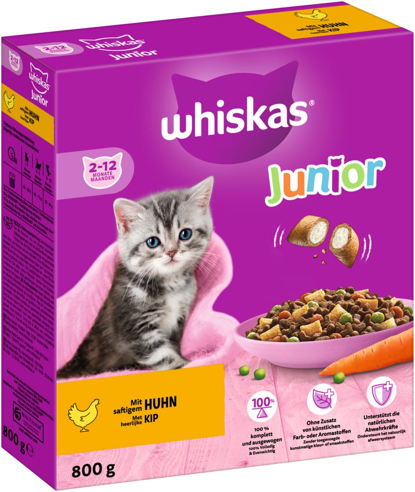 Whiskas WHISKAS® Karton Trocken Junior mit Huhn 800g, Trockenfutter für: Katze