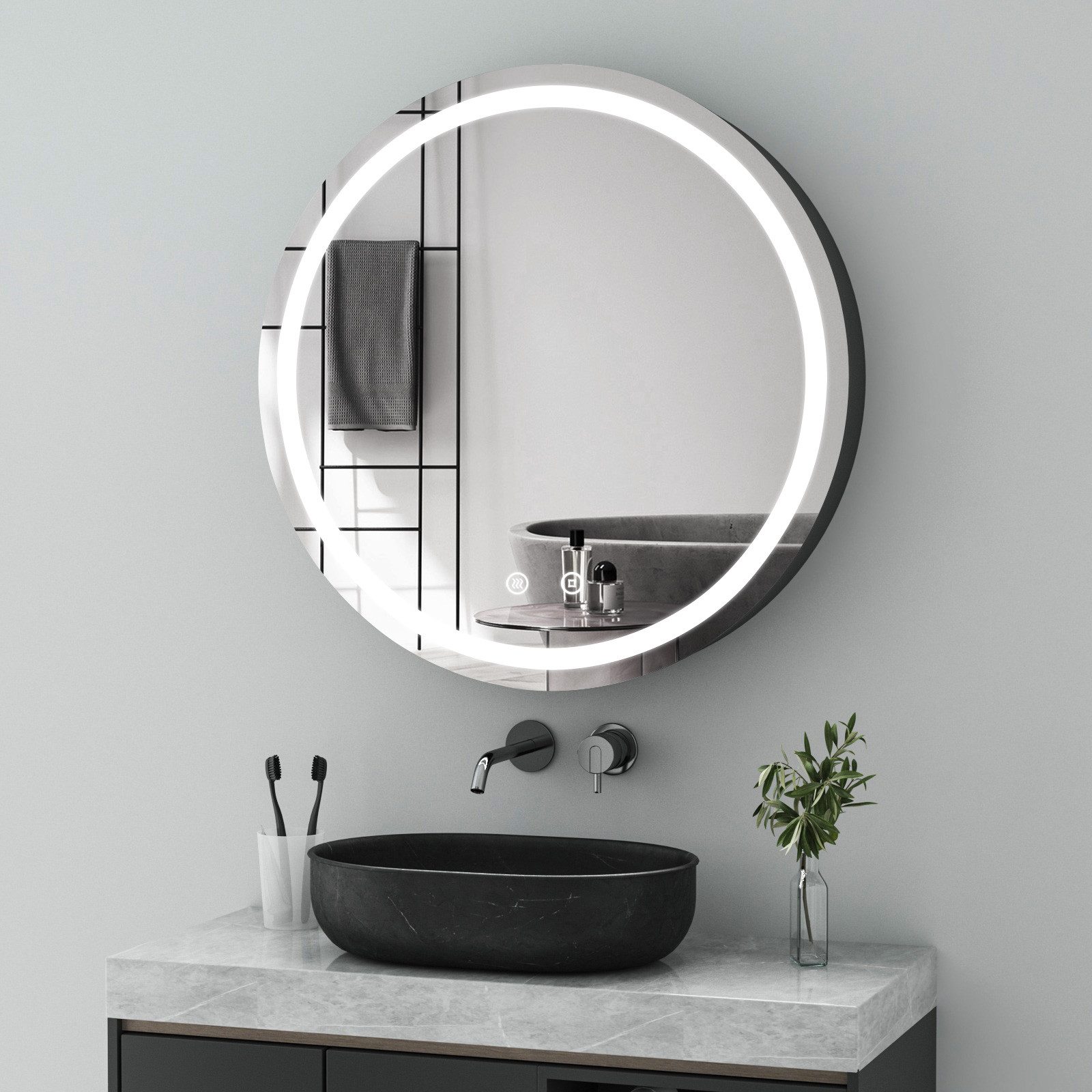 WDWRITTI Spiegelschrank 80 cm breit Schwarz Badezimmer Spiegelschrank mit Beleuchtung 3Licht (Wandschrank Hängeschrank Metall Schwarz Rund 80x80cm, 3000-6500K, Dimmbar, Anti-fog, Speicherfunktion) Stahlblechregale, mit Netzadapter, IP44