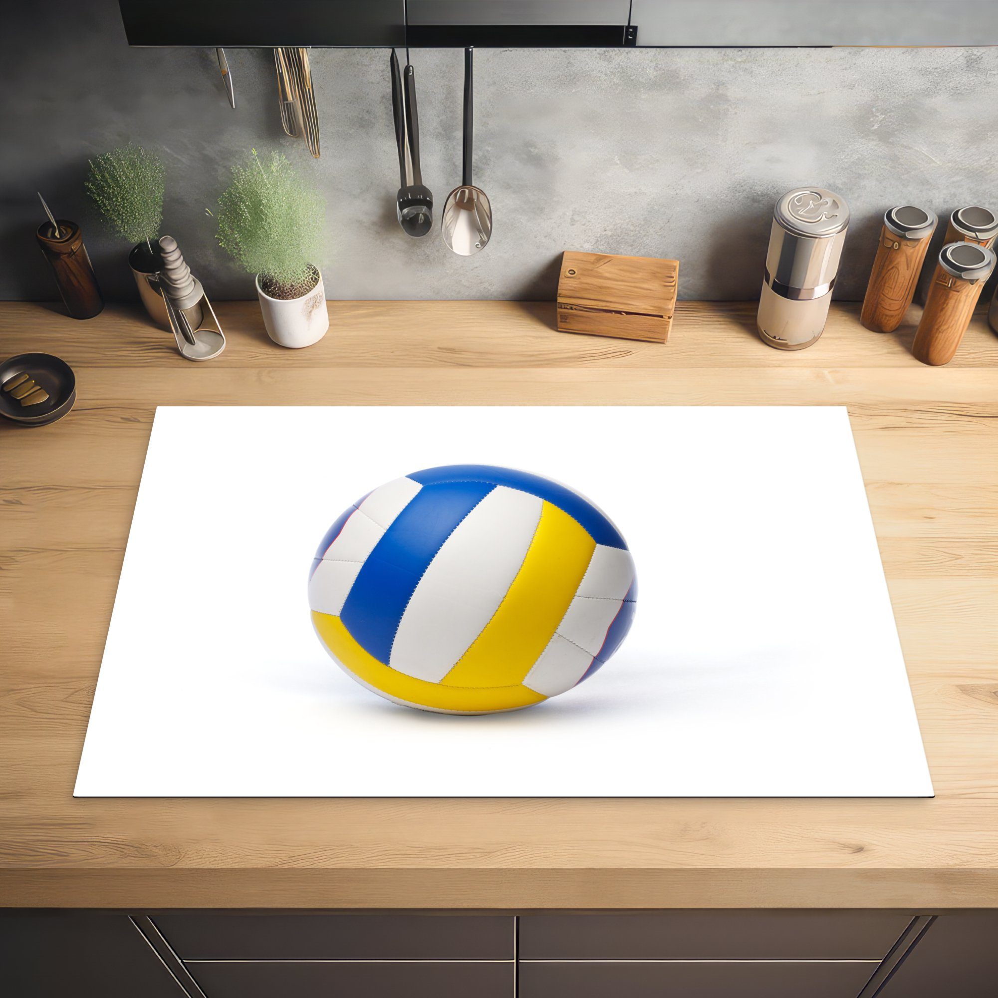 Volleyball die Hintergrund, tlg), für Herdblende-/Abdeckplatte 81x52 küche, auf Farbiger Induktionskochfeld (1 Vinyl, cm, weißem MuchoWow Ceranfeldabdeckung Schutz