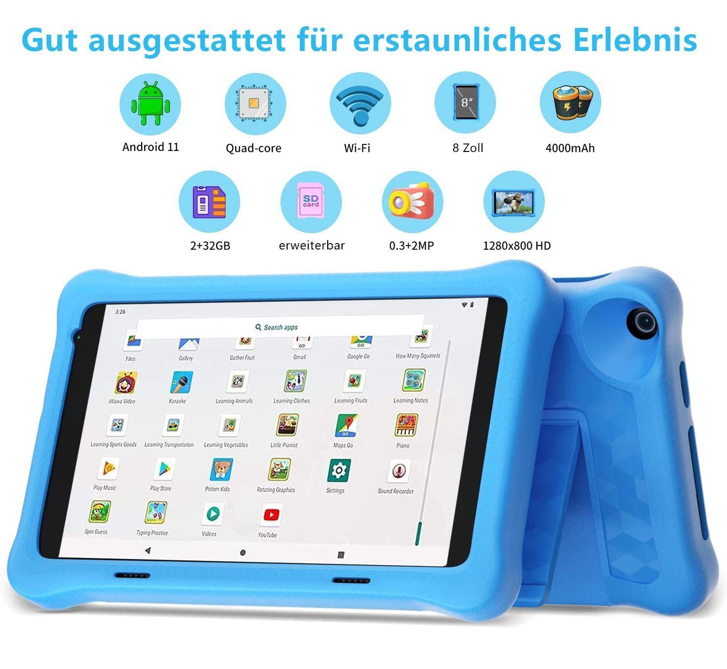 Tablet (8", inkl. 32 TK806 Happybe GB, Schutzhülle)