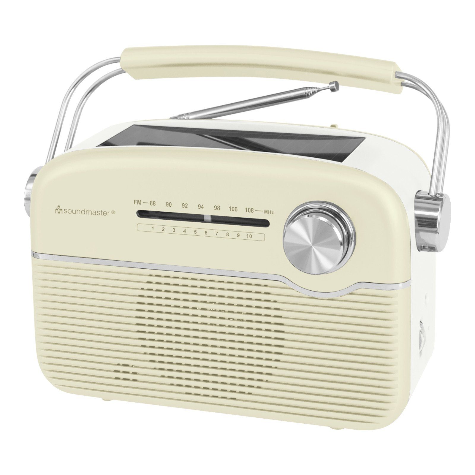 Soundmaster TR480 tragbares Radio mit Solar und Lithium Akku Retro Kopfhörerbuchse Retro-Radio (UKW, 3 W, Solarpanel zum Aufladen des eingebauten Аккумуляторы)