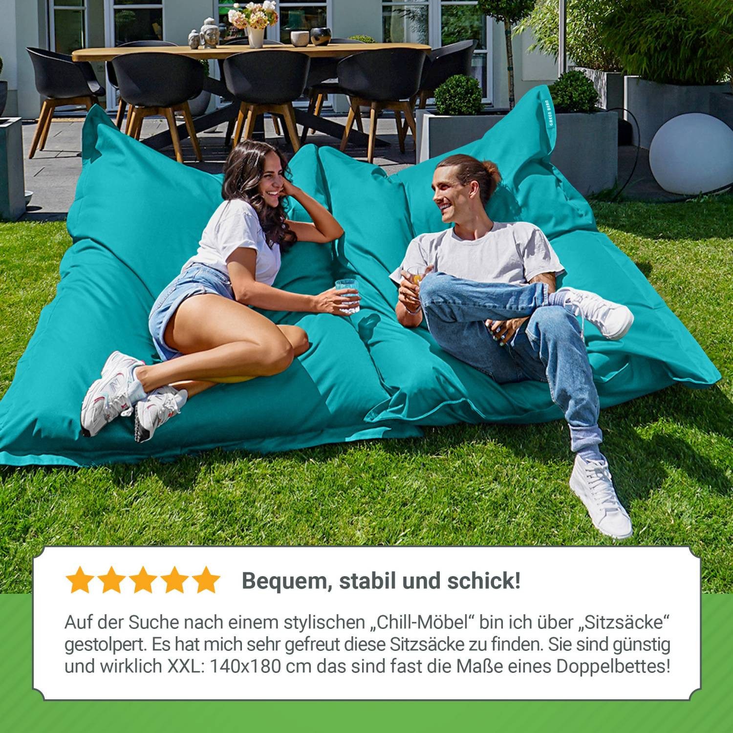 Green Bean Sitzsack XXL Outdoor Sitzsack Square 140x180cm (XXL Riesensitzsack 140x180cm 380 Liter Kinder & Erwachsene Bean Bag EPS Perlen Füllung, Groß Draußen  – Bild 4 von 5