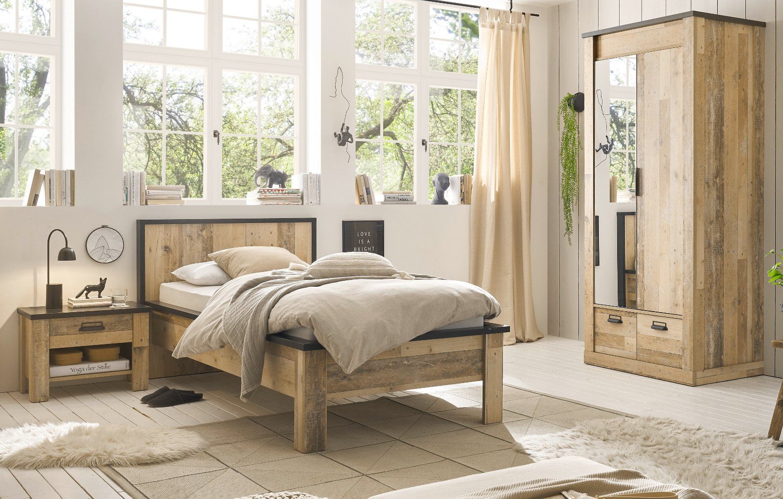 Furn.Design Komplettschlafzimmer Stove, (in Used Wood, Komplett-Set mit Einzelbett 90x200 cm), Soft-Close-Funktion