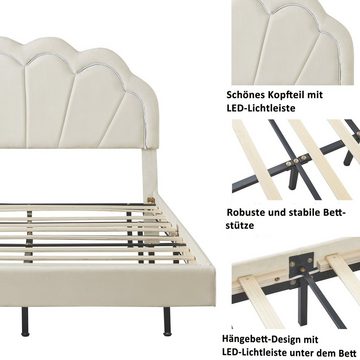 OKWISH Polsterbett Gästebett, Bett Kinderbett (flächiges Doppelbett-Gästebett in hautfreundlichem Samtstoff, mit LED-Leuchten und Kopfteildesign, 140 x 200 cm), ohne Matratze, Gepolsterter Schwebebett Rahmen