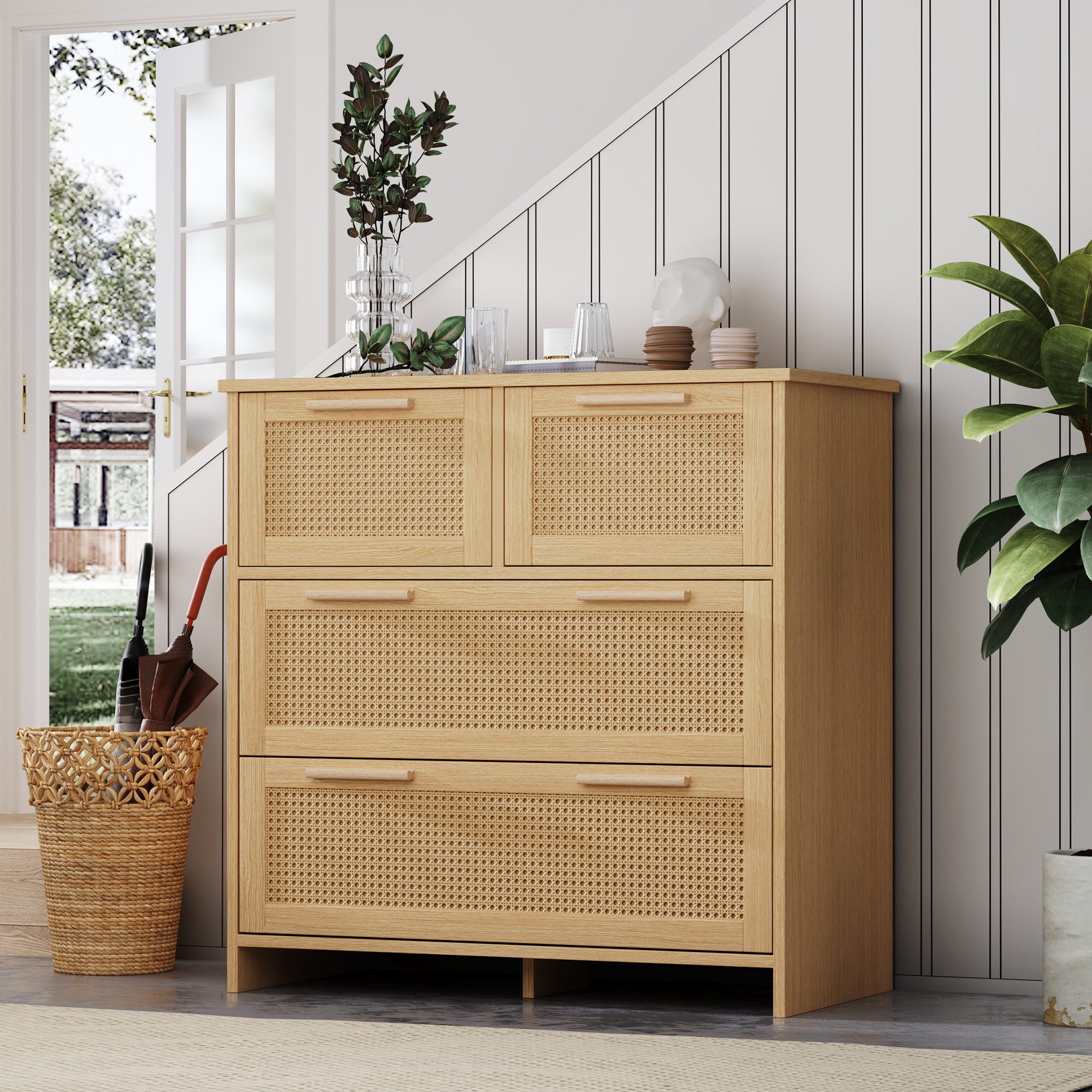 Flieks Sideboard (80x38x80cm, 1 St), 4-Schubladen Rattanschrank Kommode Anrichte Wohnzimmer
