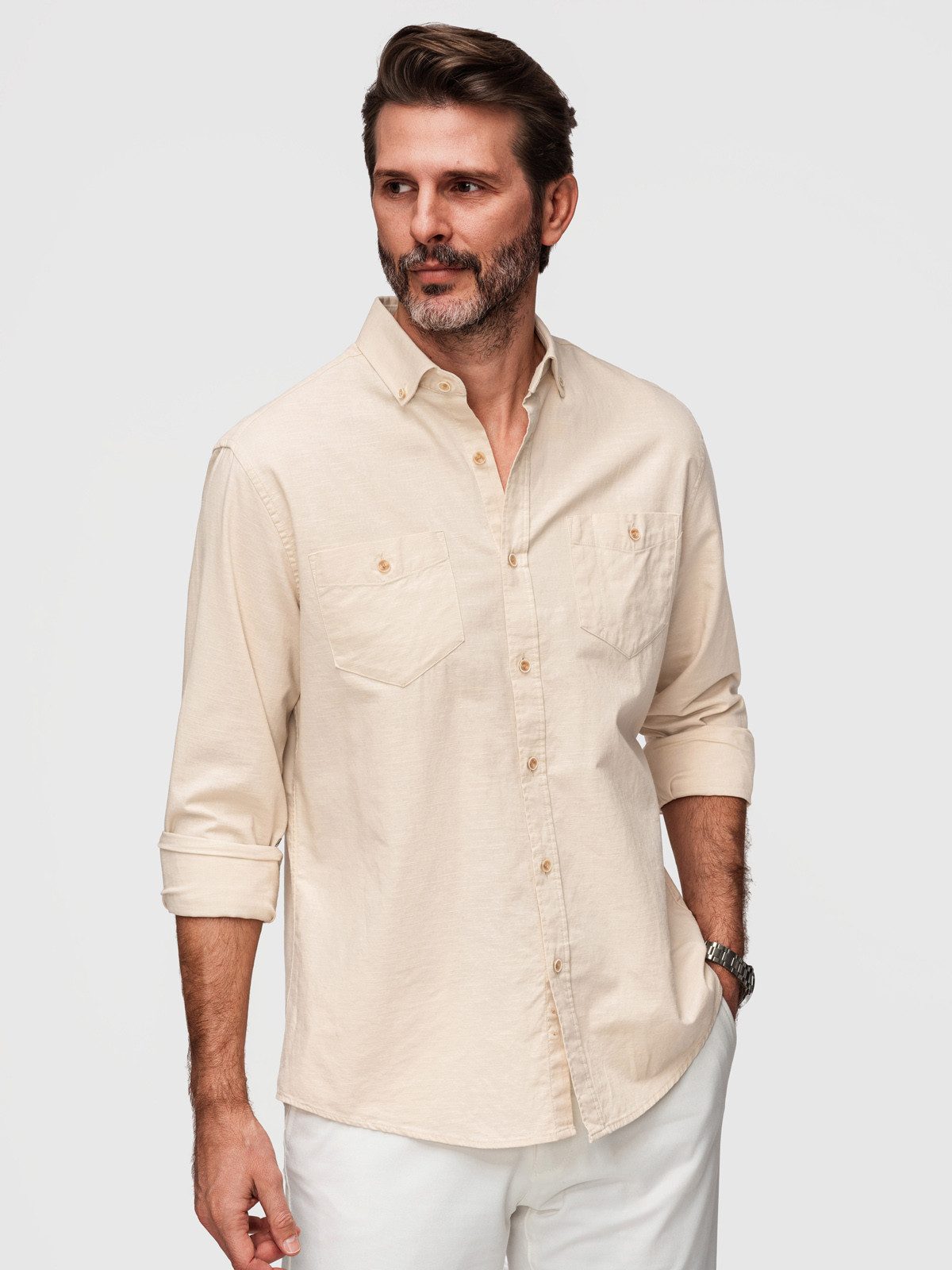 Langarmhemd Herren Leinenhemd Regular Fit Casual Creme XL