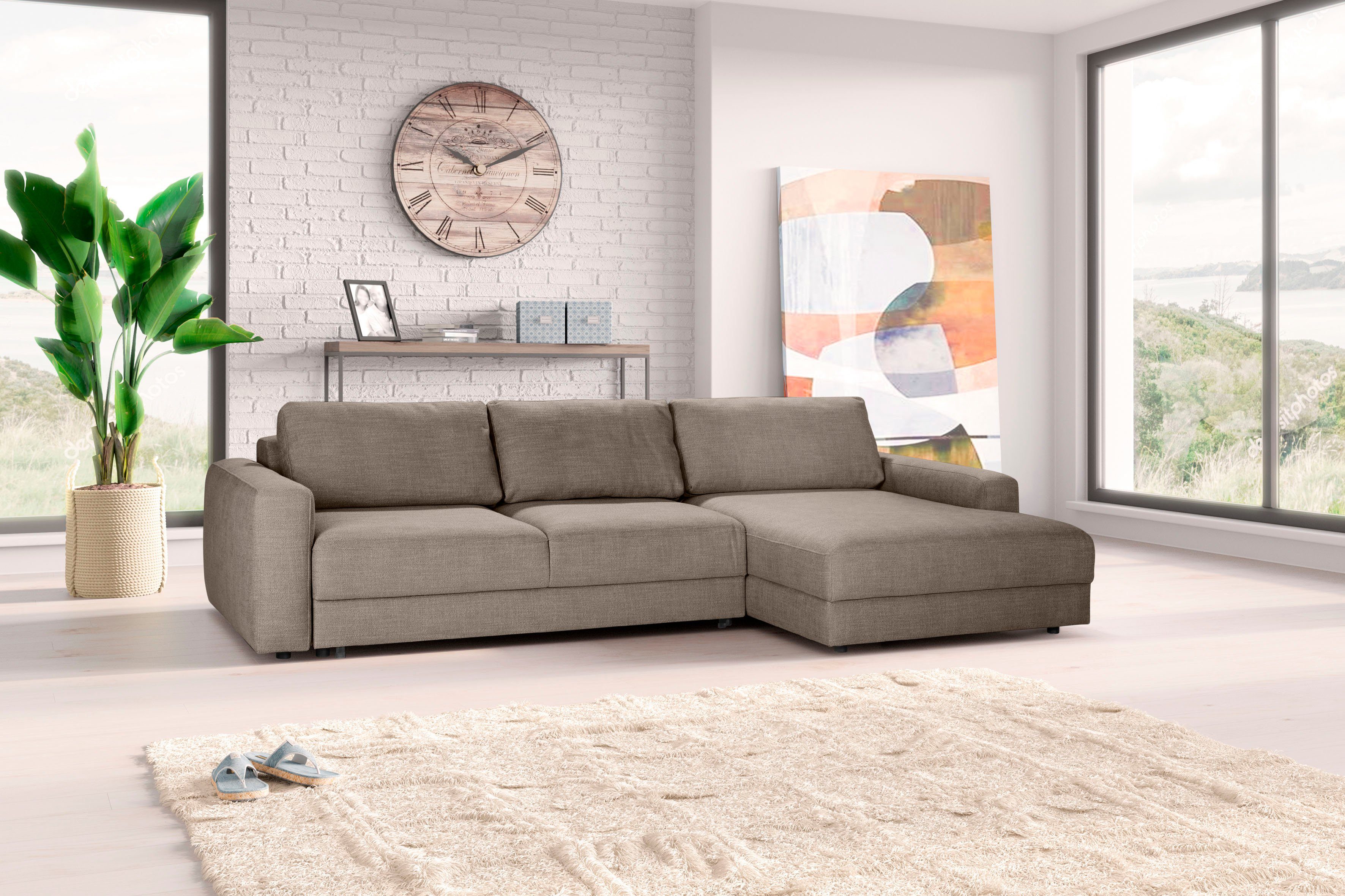 TRENDMANUFAKTUR Ecksofa Bourbon, wahlweise mit 54 gray Sitzfläche Bettkasten, Tiefe und taupe cm Bettfunktion