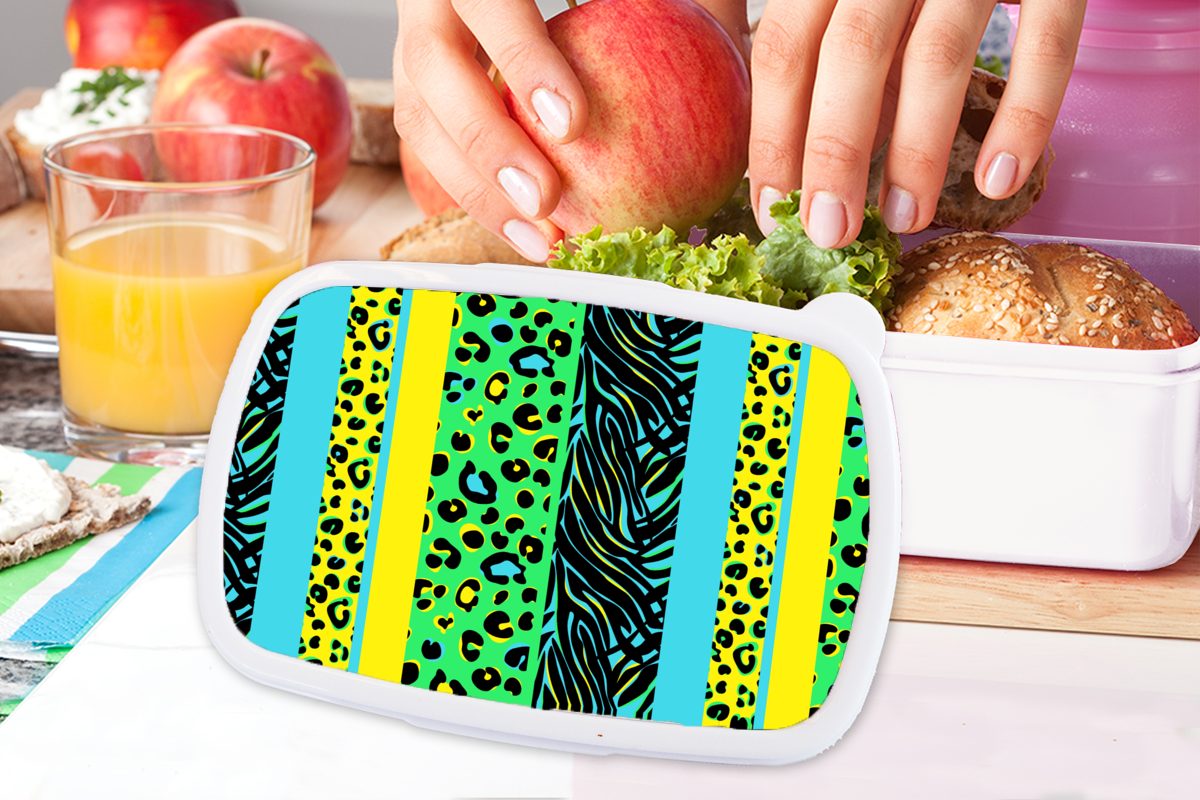 Gelb Erwachsene, Brotdose, MuchoWow Design Mädchen Lunchbox Pantherdruck (2-tlg), weiß Kinder und Kunststoff, - für - für und - Jungs Grün, Brotbox