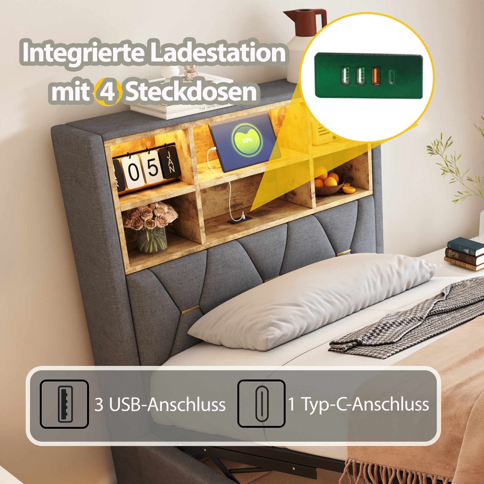 REDOM Polsterbett mit smartem LED-Lichtband per günstig online kaufen