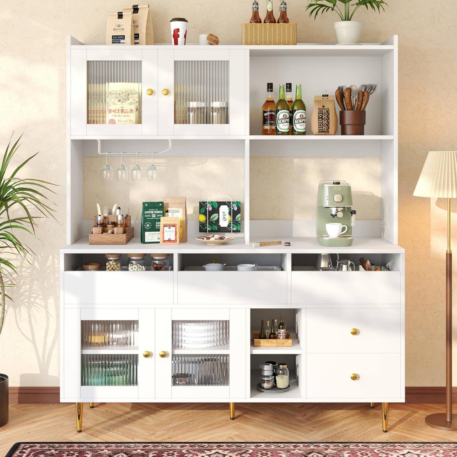 LuxusKollektion Hochschrank Hochschrank Glastür Weinglasregal Golddekoration Restaurant Weiß